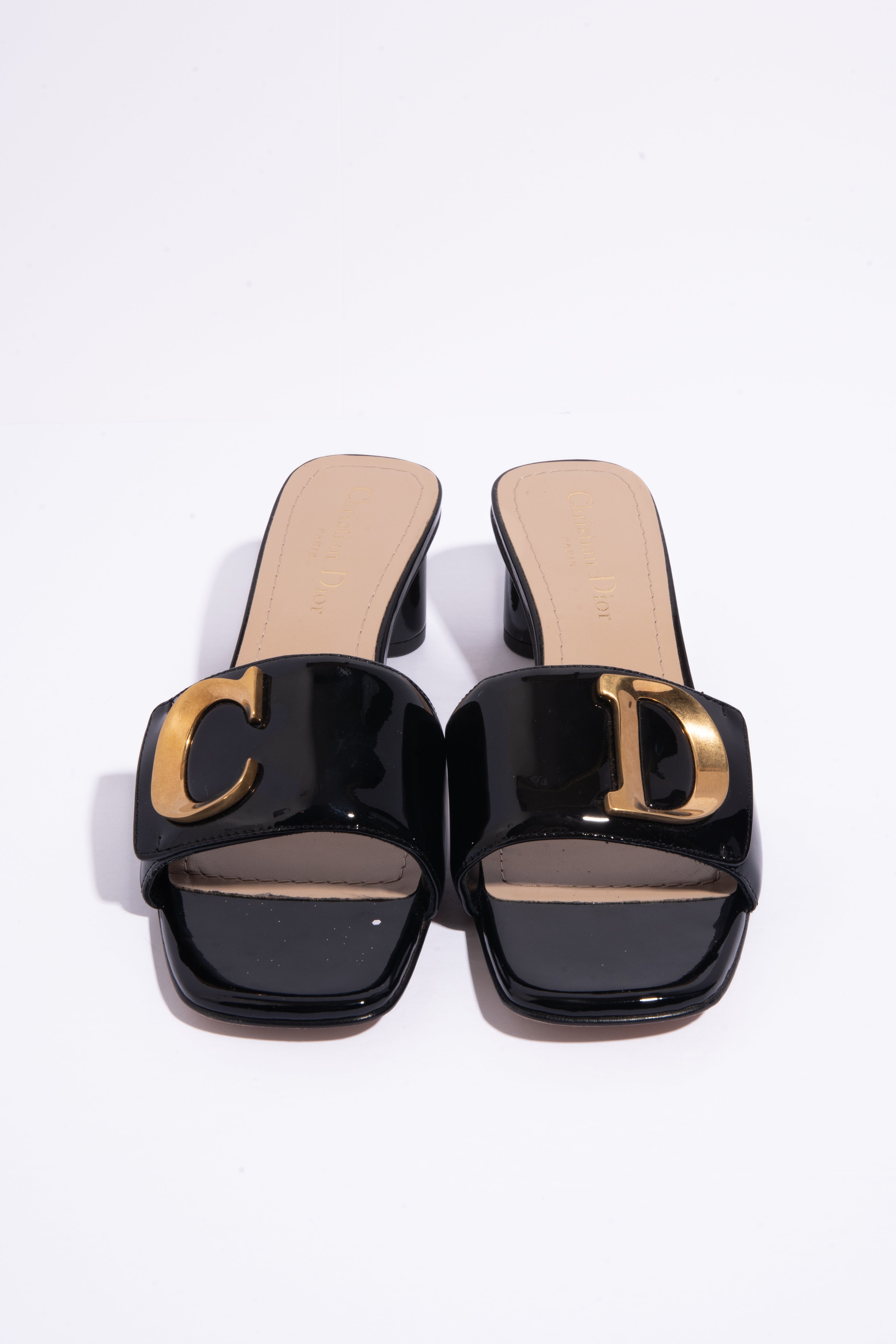 CHRISTIAN DIOR Black Patent CD Mules (Sz. 38)