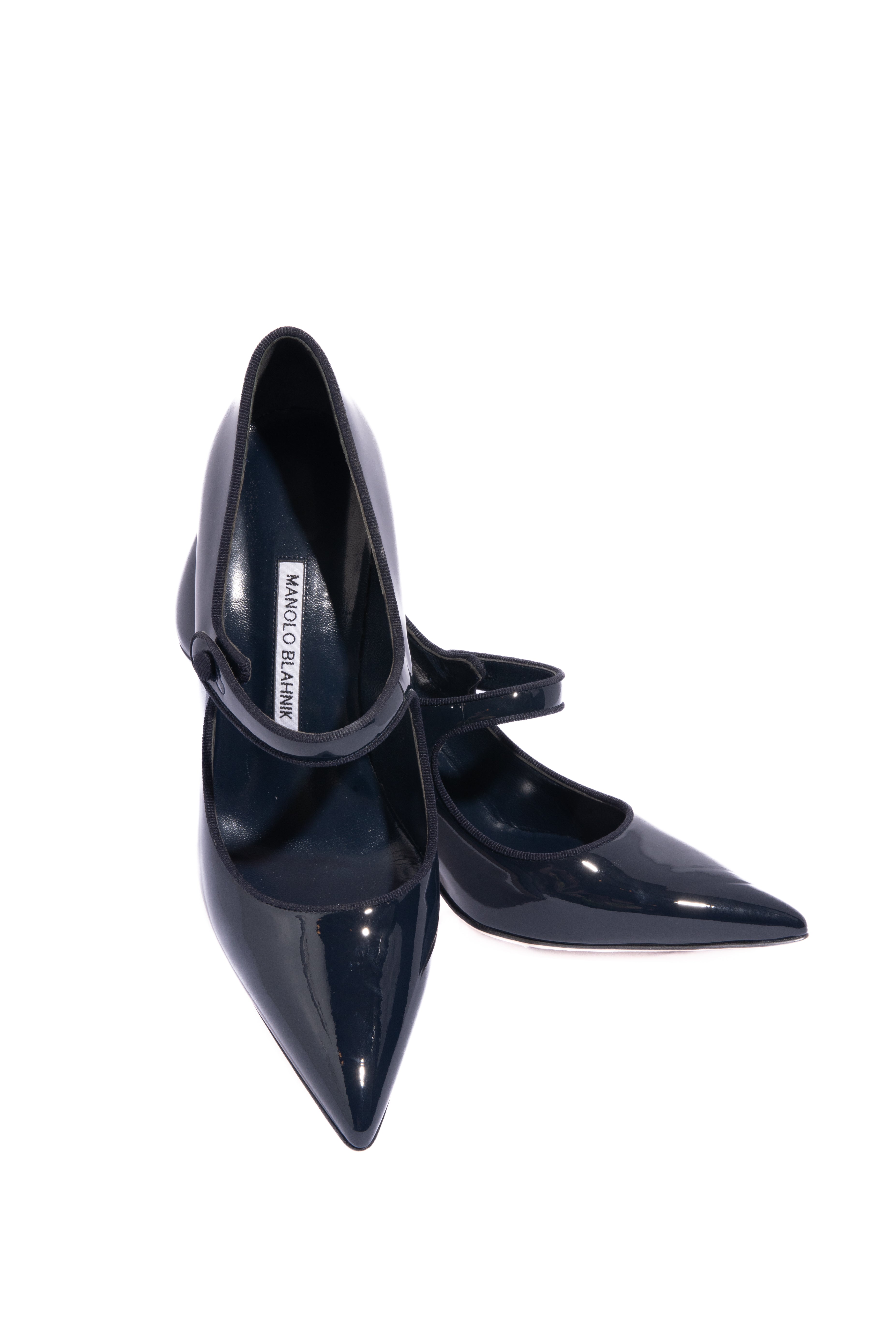 MANOLO BLAHNIK Navy Patent Mary Jane Pumps (Sz. 39)