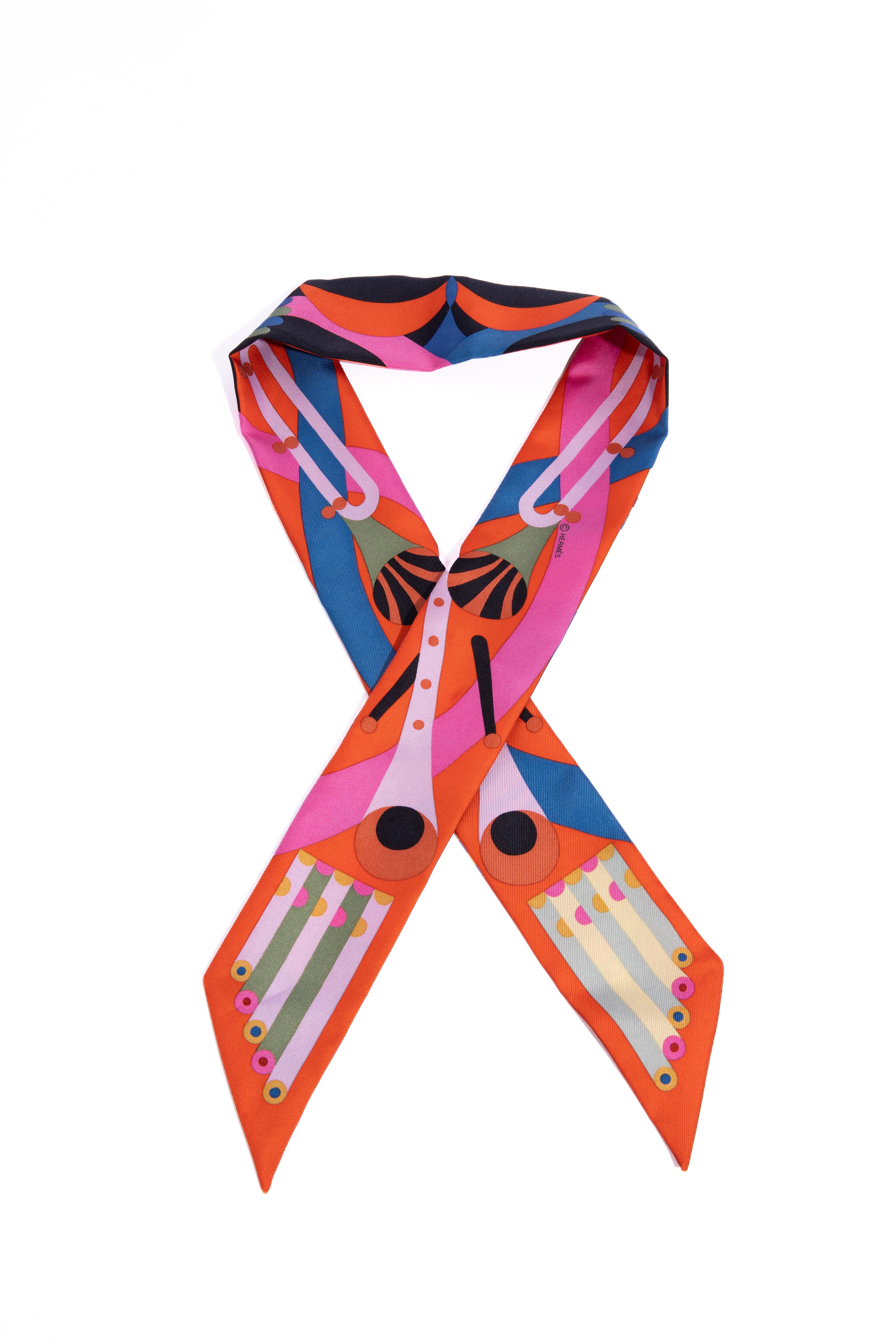 HERMES Multi Color Abstract Print Silk Twilly