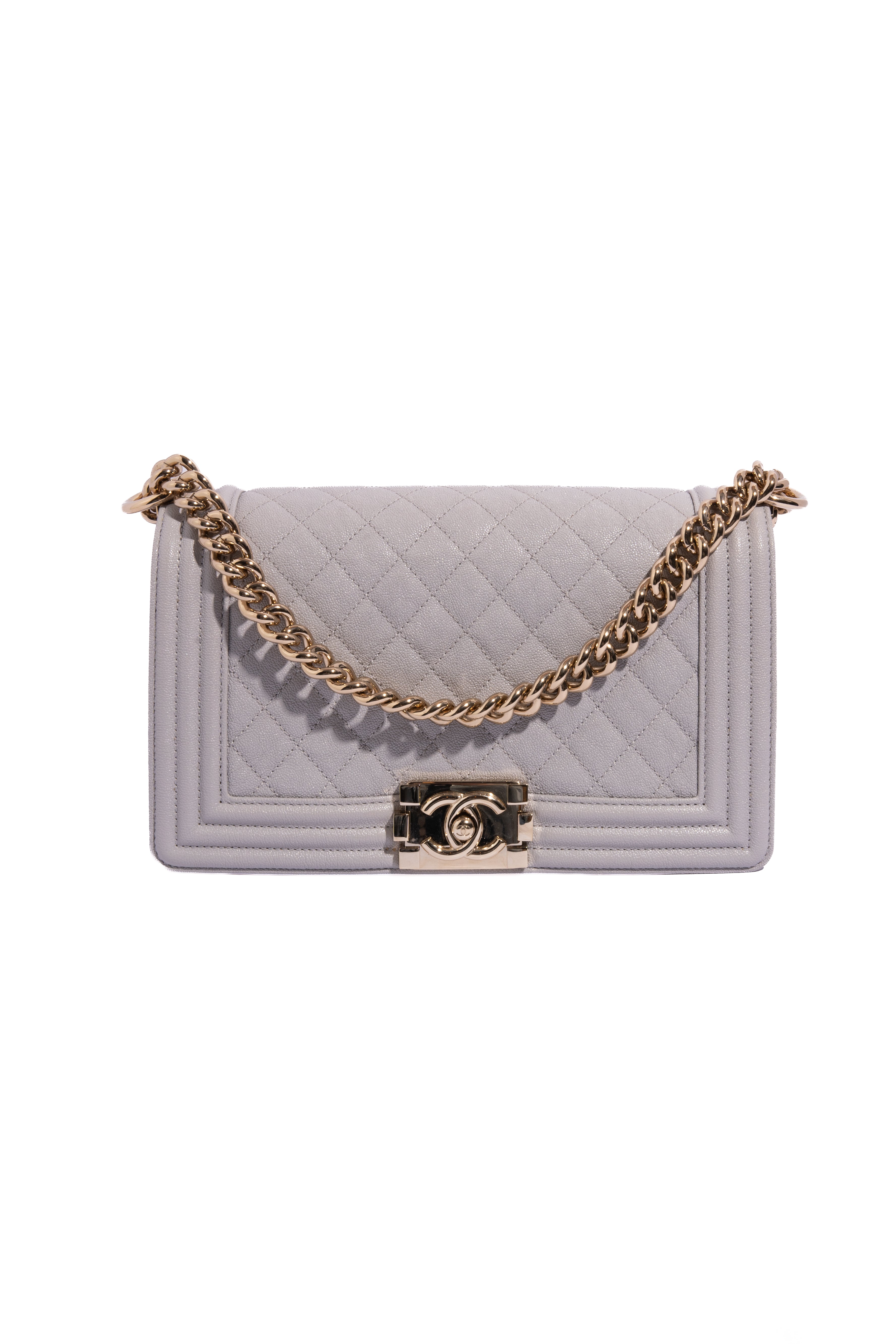 CHANEL 2019 Lt Grey Caviar Quilted Medium Boy Bag