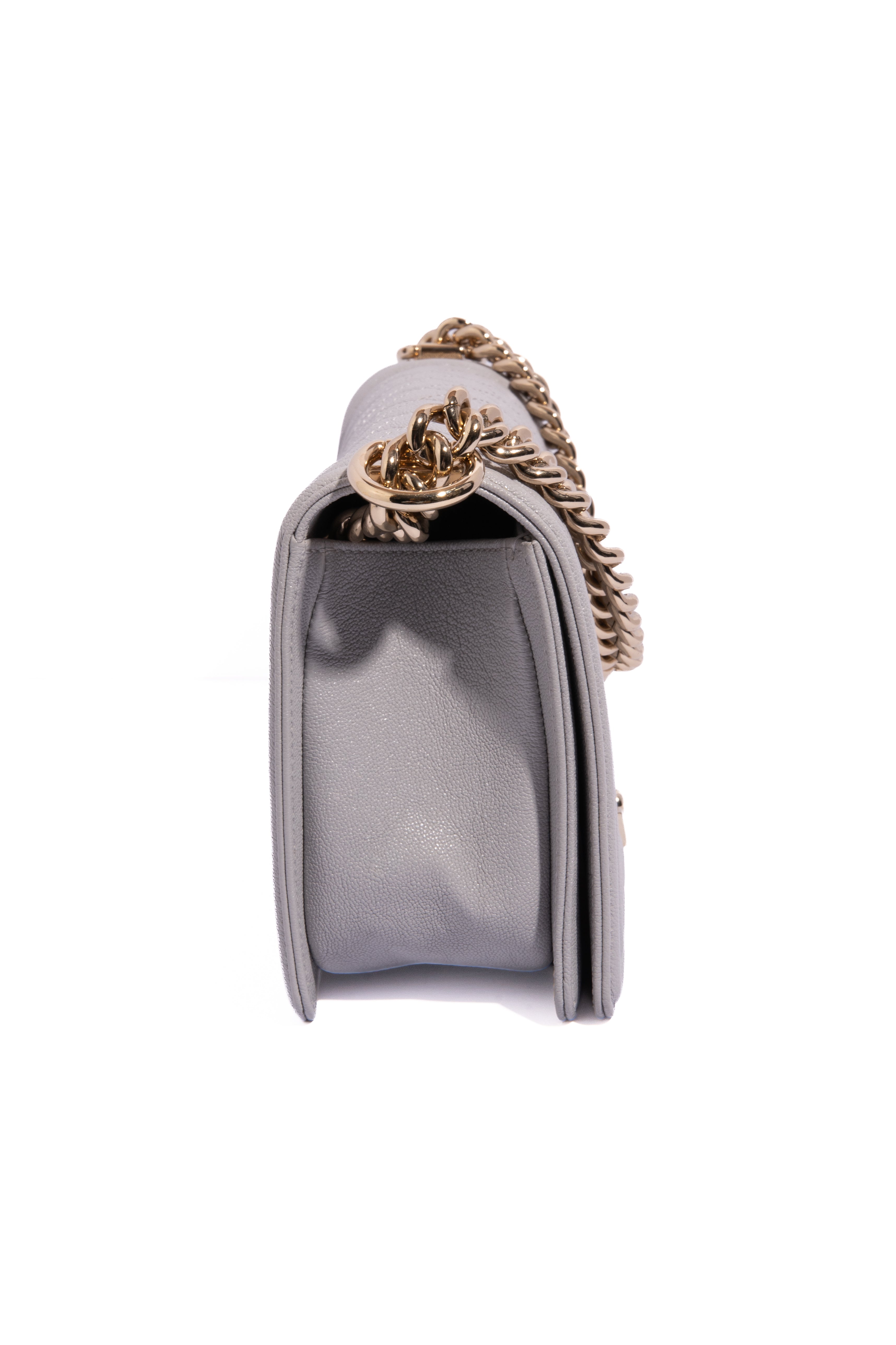 CHANEL 2019 Lt Grey Caviar Quilted Medium Boy Bag