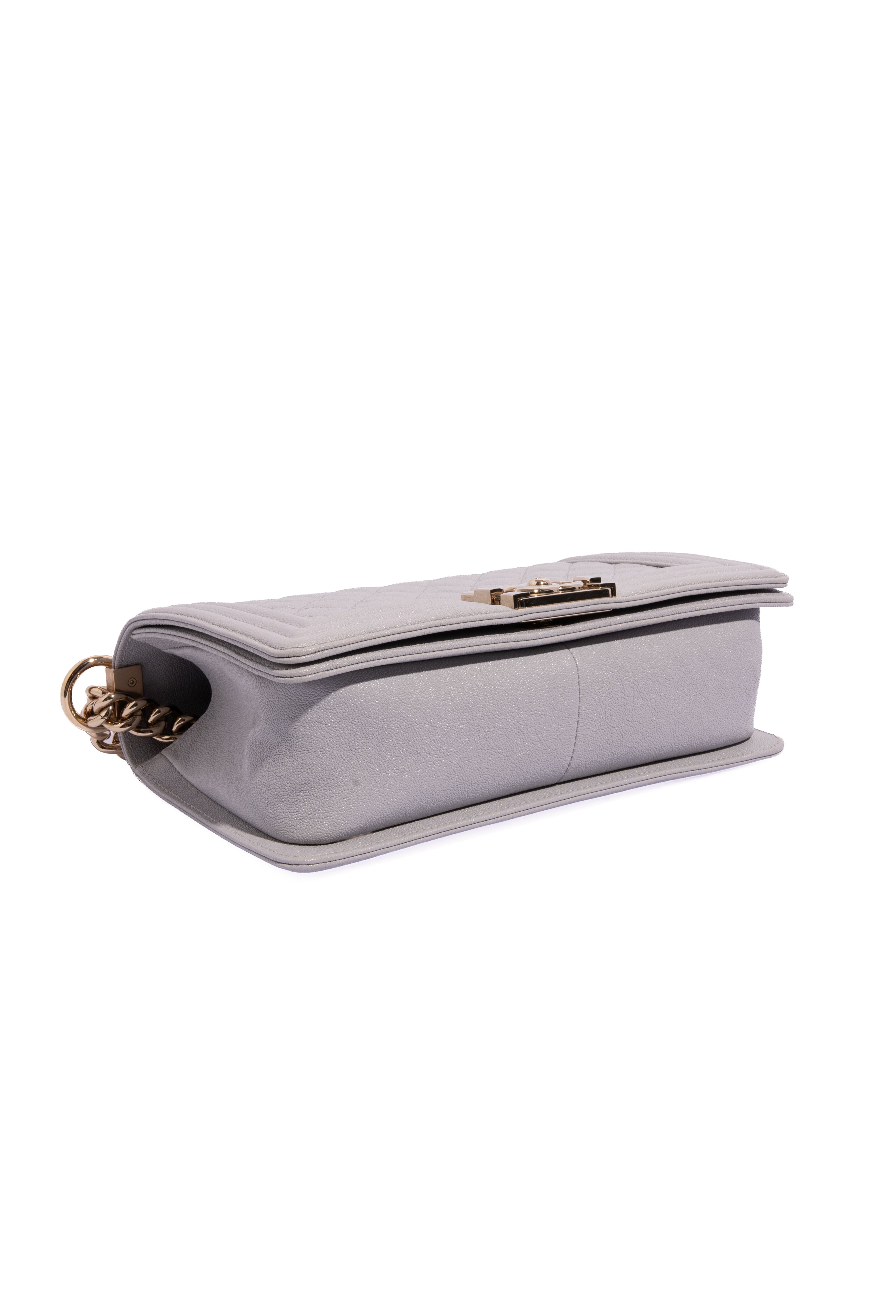 CHANEL 2019 Lt Grey Caviar Quilted Medium Boy Bag