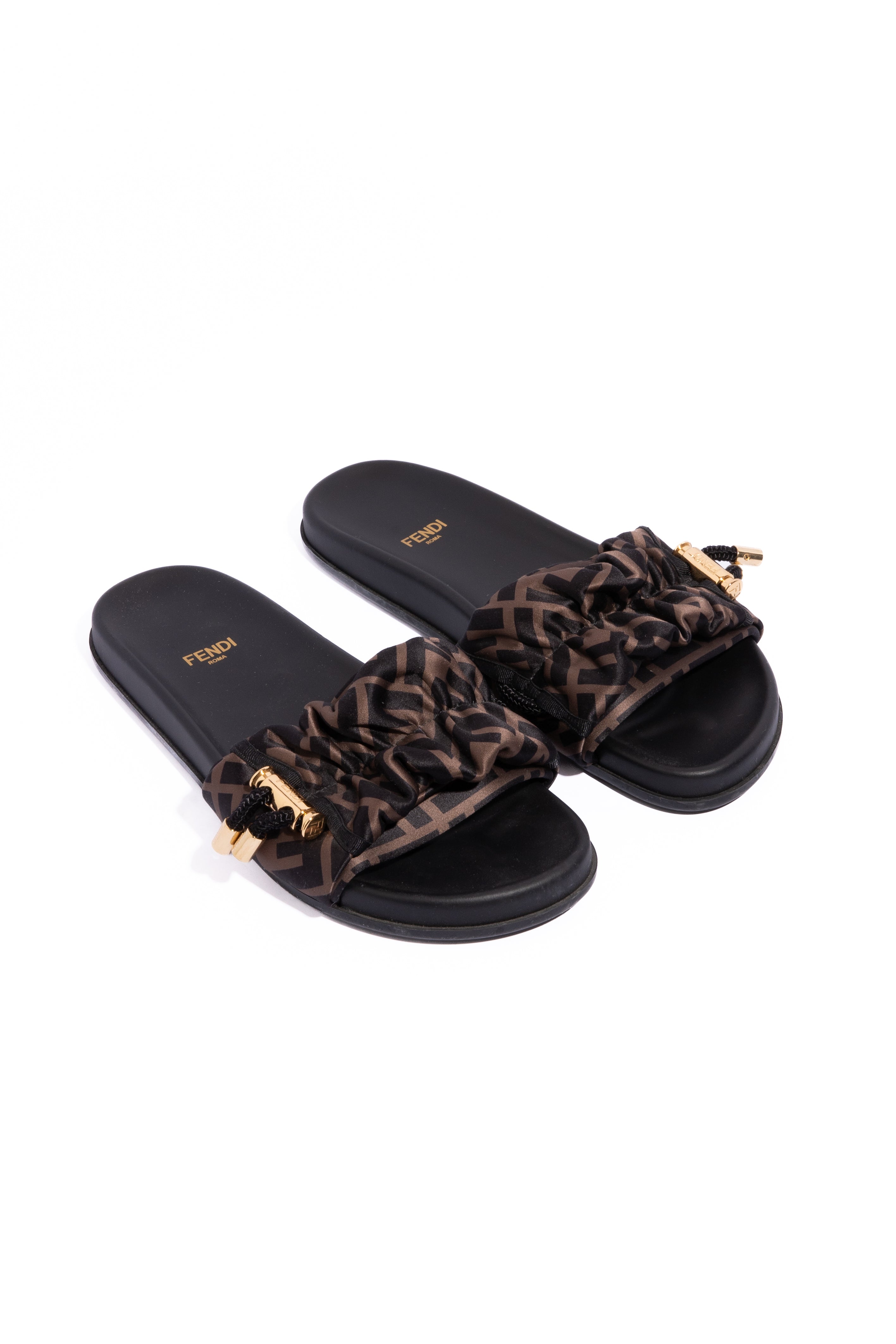 FENDI Brown Satin Gold Toggle Logo Slides (Sz. 36)