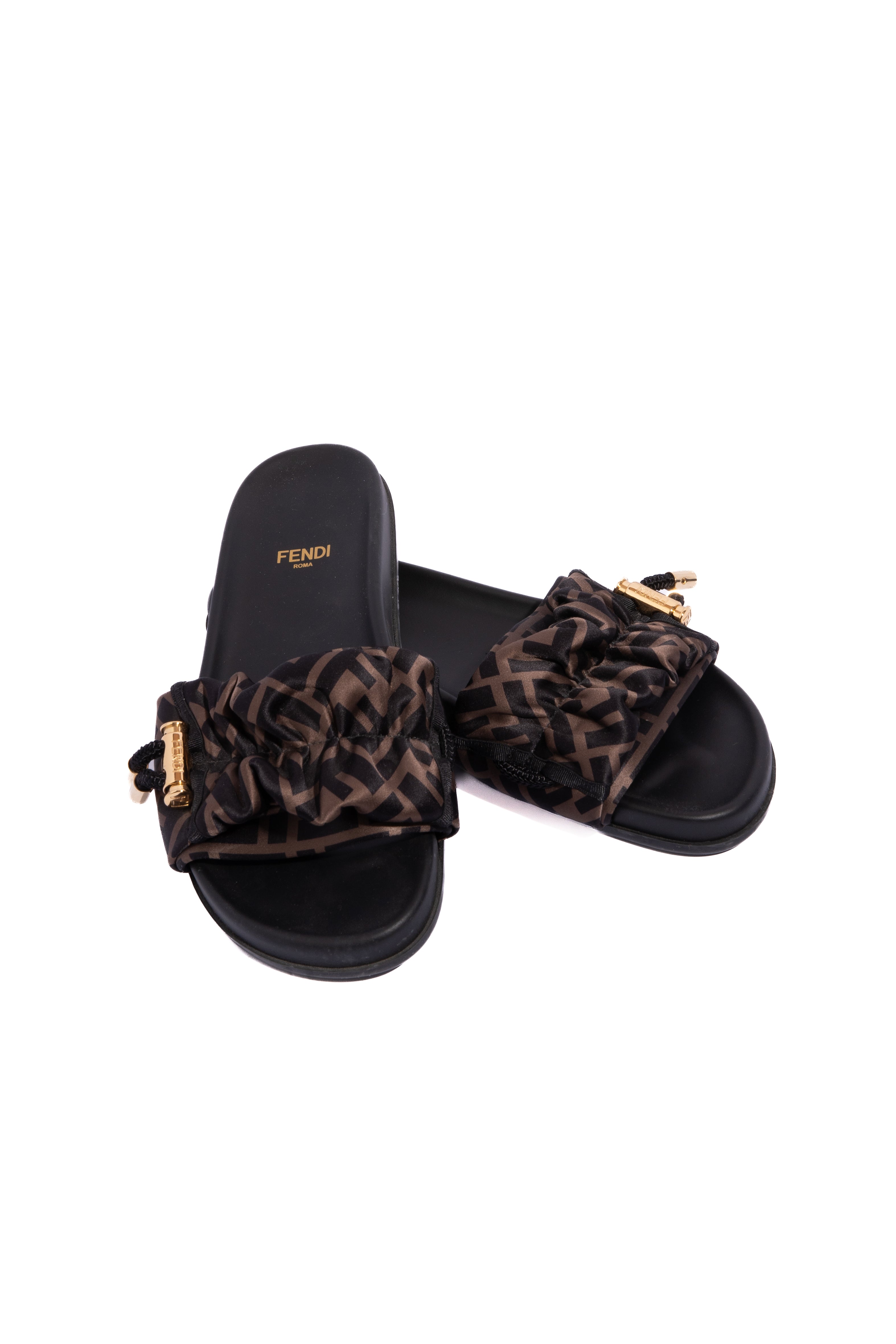 FENDI Brown Satin Gold Toggle Logo Slides (Sz. 36)