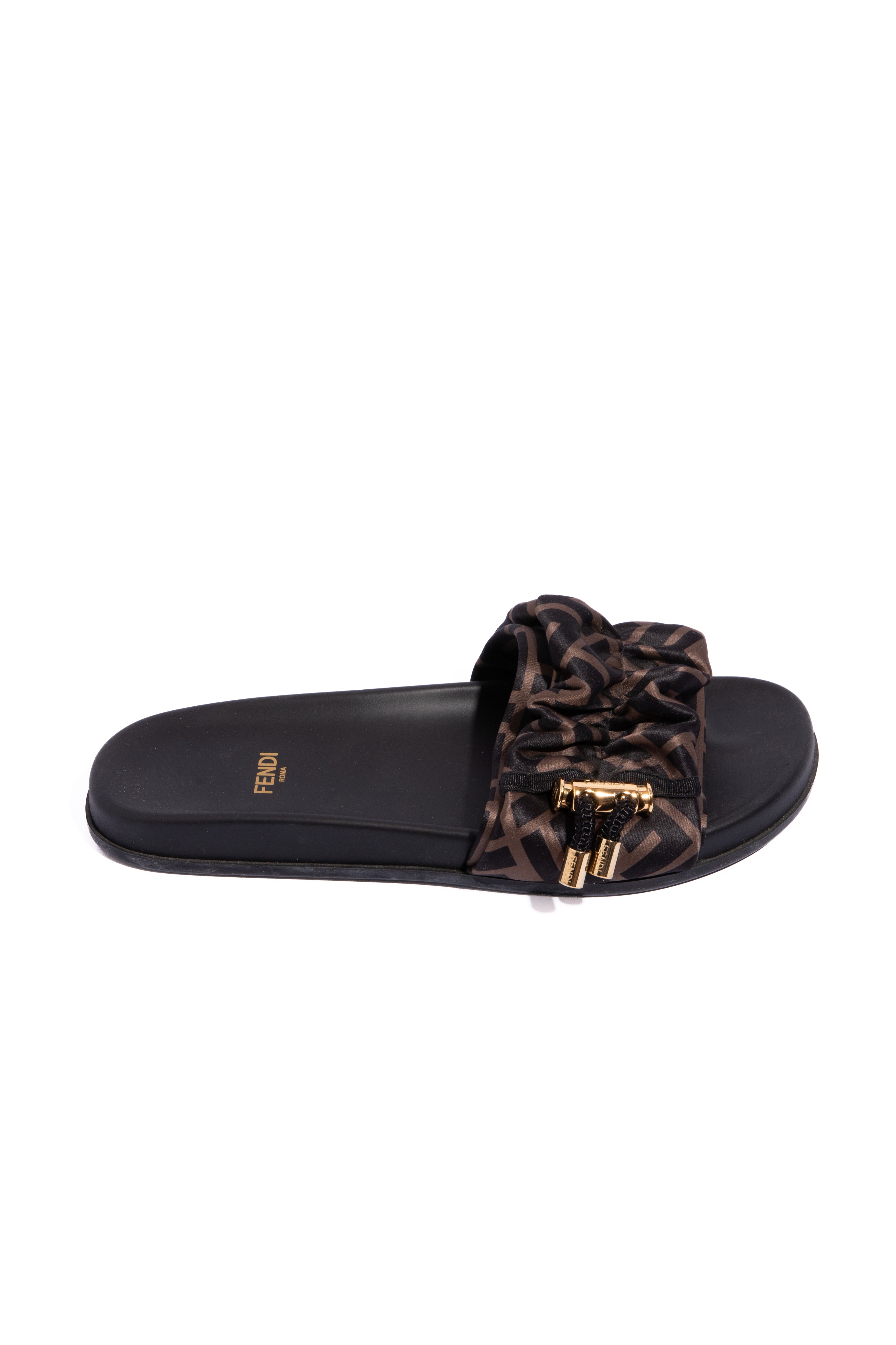 FENDI Brown Satin Gold Toggle Logo Slides (Sz. 36)