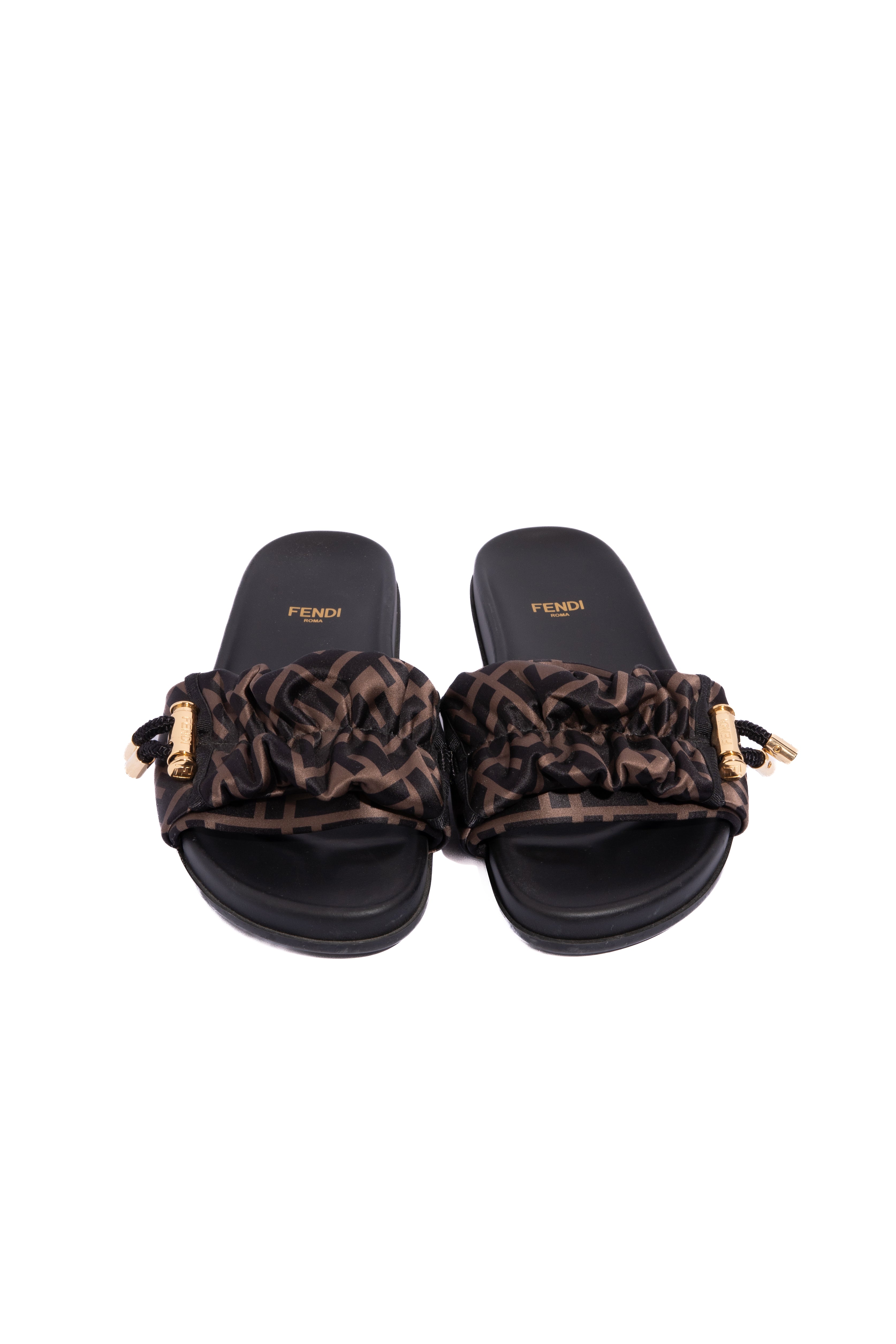 FENDI Brown Satin Gold Toggle Logo Slides (Sz. 36)