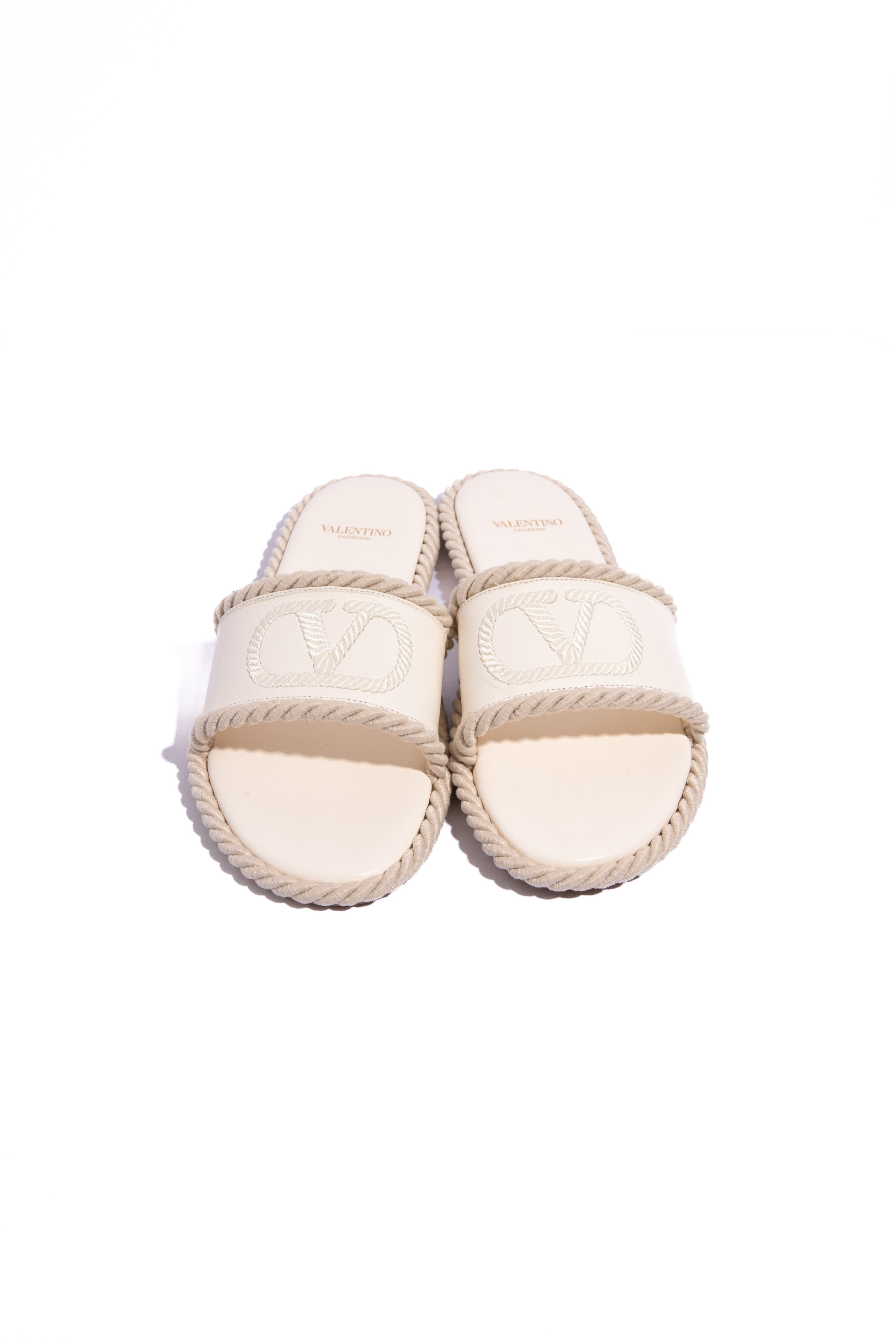 VALENTINO White Leather Torchon Rope Slides (Sz. 38.5)