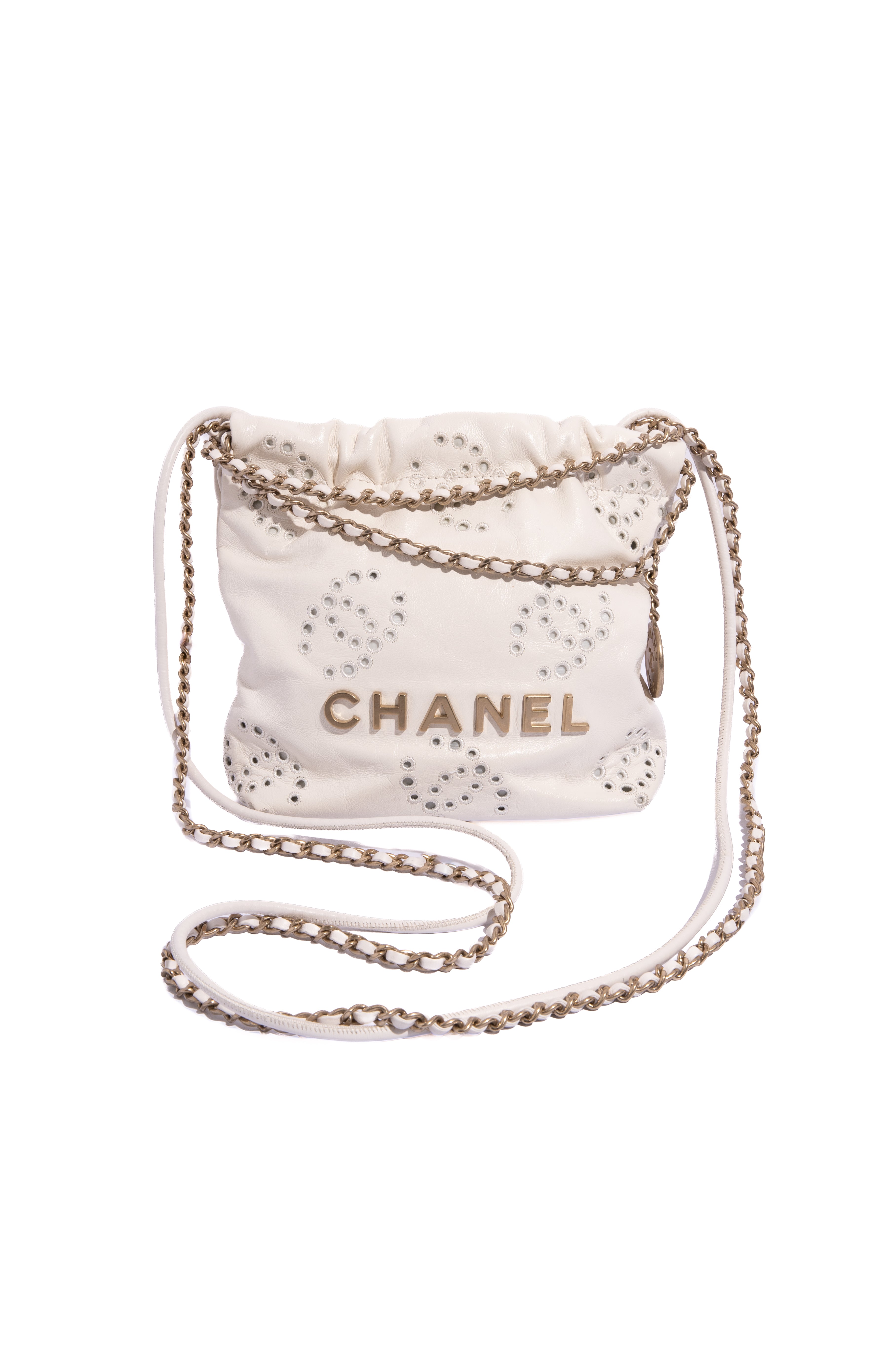 CHANEL 2025 White CC Eyelet Chanel 22 Mini Handbag