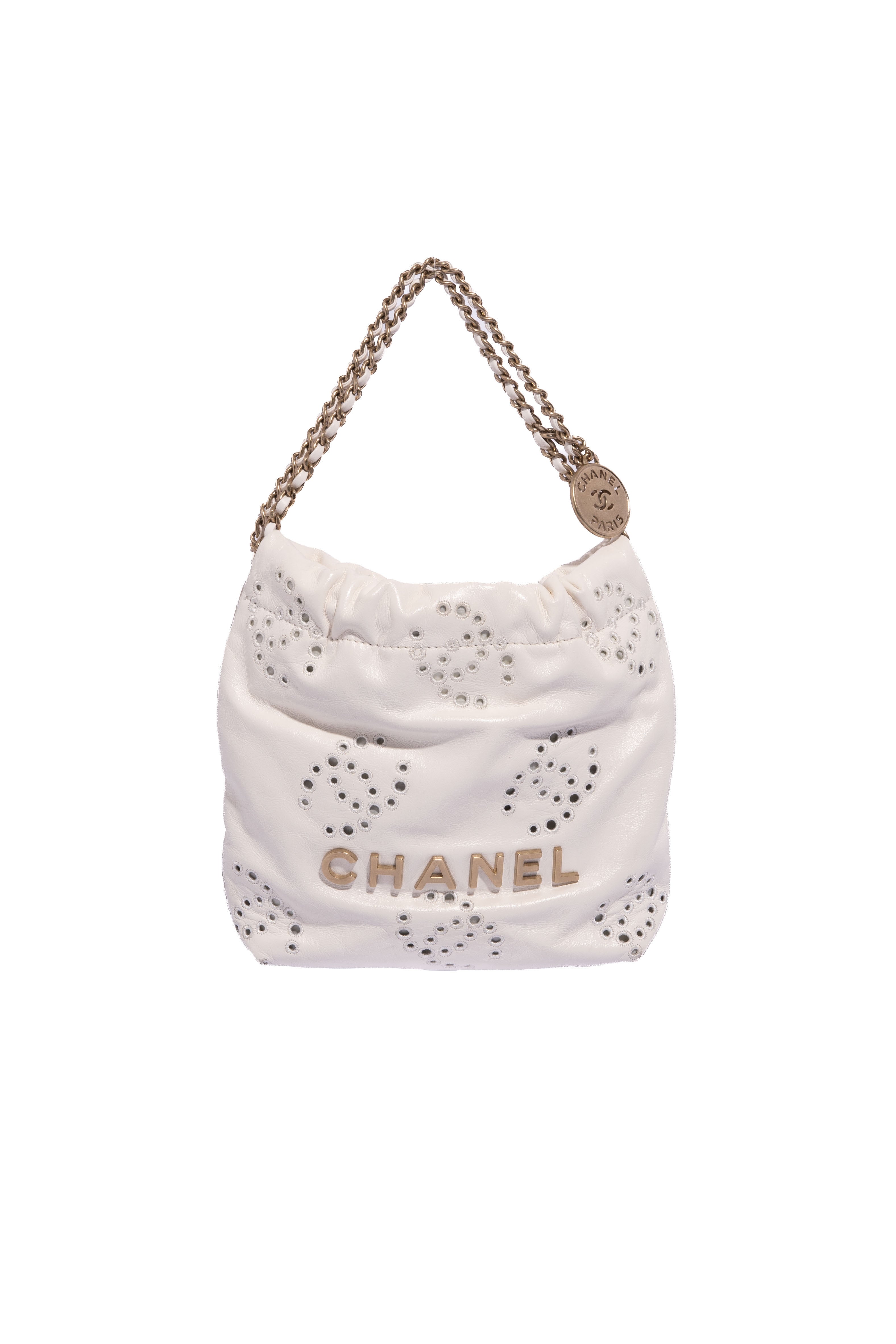 CHANEL 2025 White CC Eyelet Chanel 22 Mini Handbag