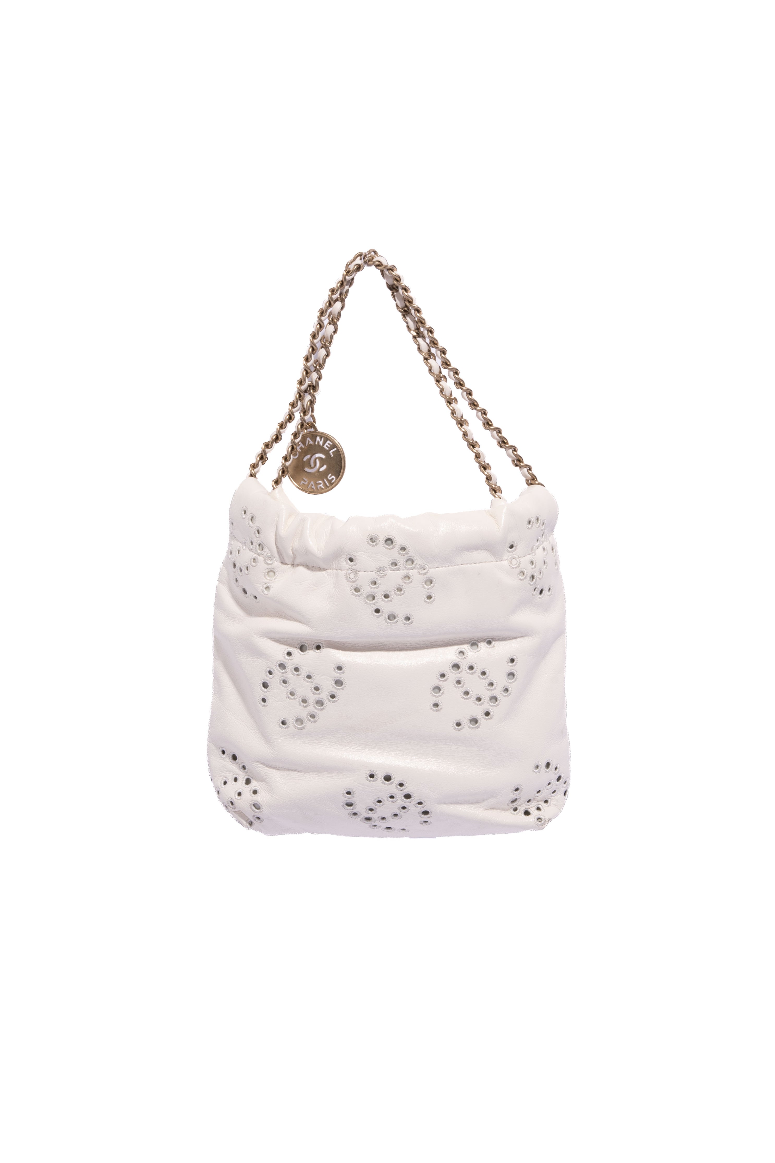 CHANEL 2025 White CC Eyelet Chanel 22 Mini Handbag