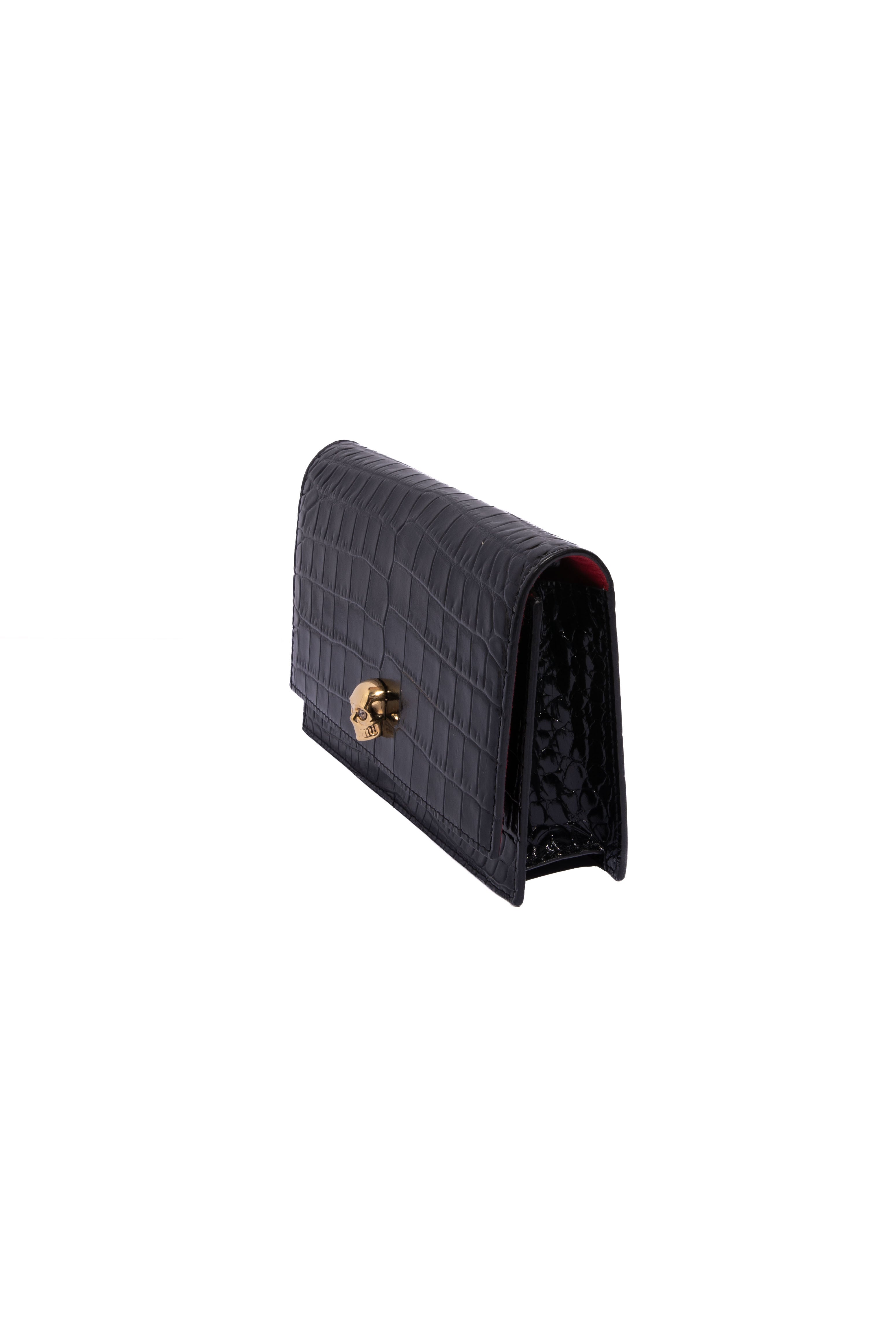 ALEXANDER MCQUEEN Blk Croc Embossed Small Skull Crossbody