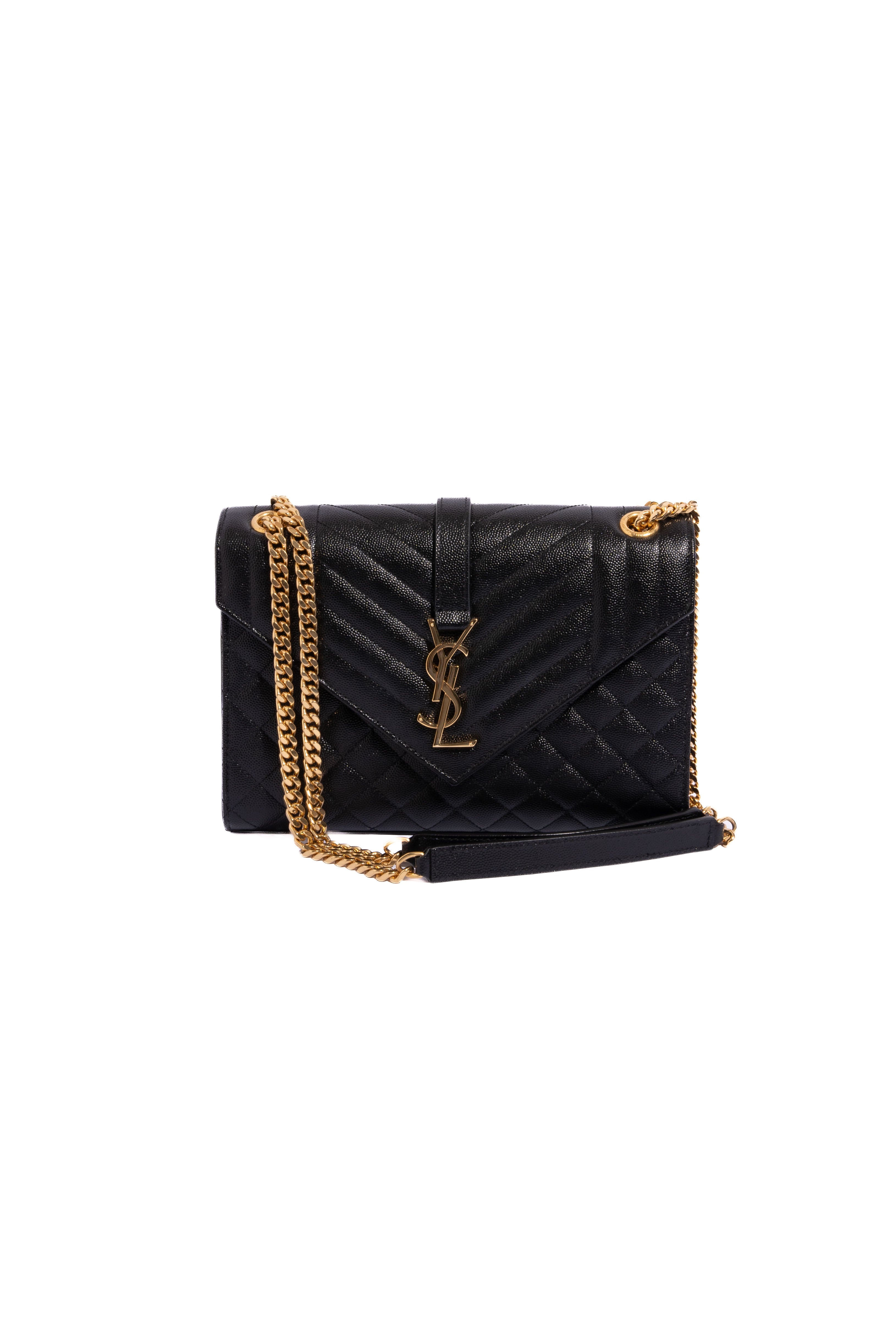 SAINT LAURENT 2022 Black Grained 'Medium Envelope' YSL Chain Bag