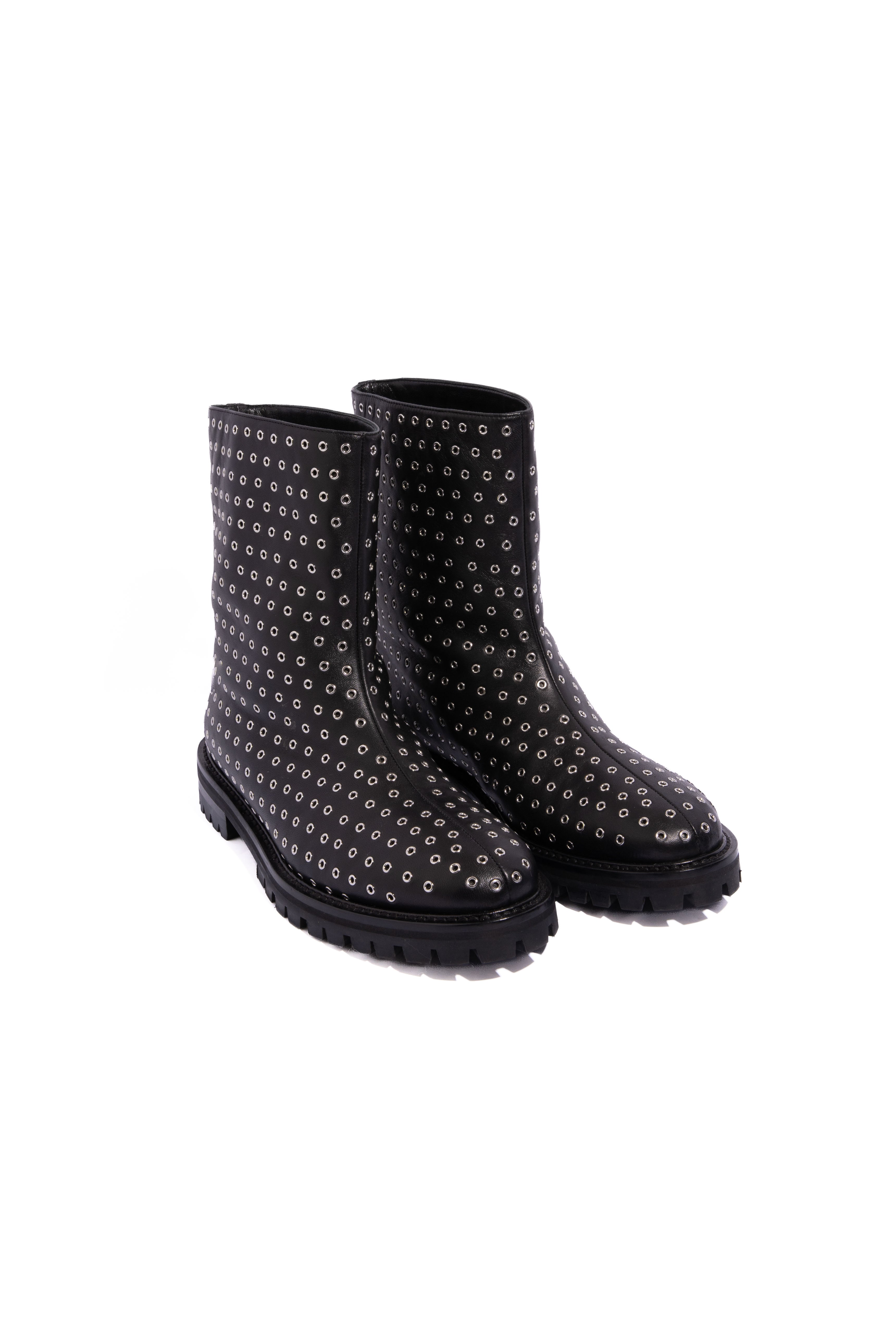 ALAIA 2024 Black Silver Grommet Moto Wellington Ankle Boots | Sz 39.5
