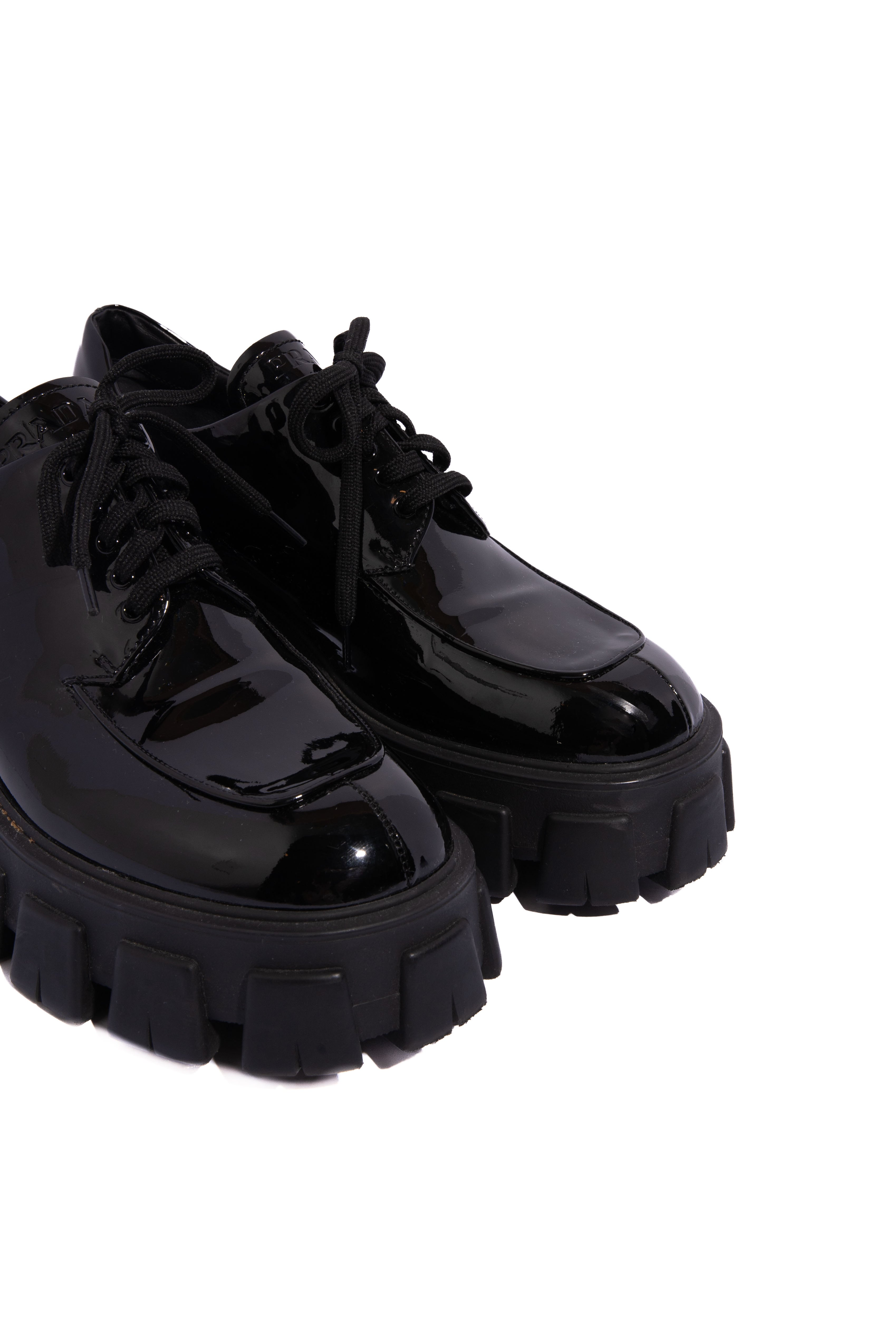 PRADA Black Patent Leather Monolith Lace Up Loafer | Sz 40