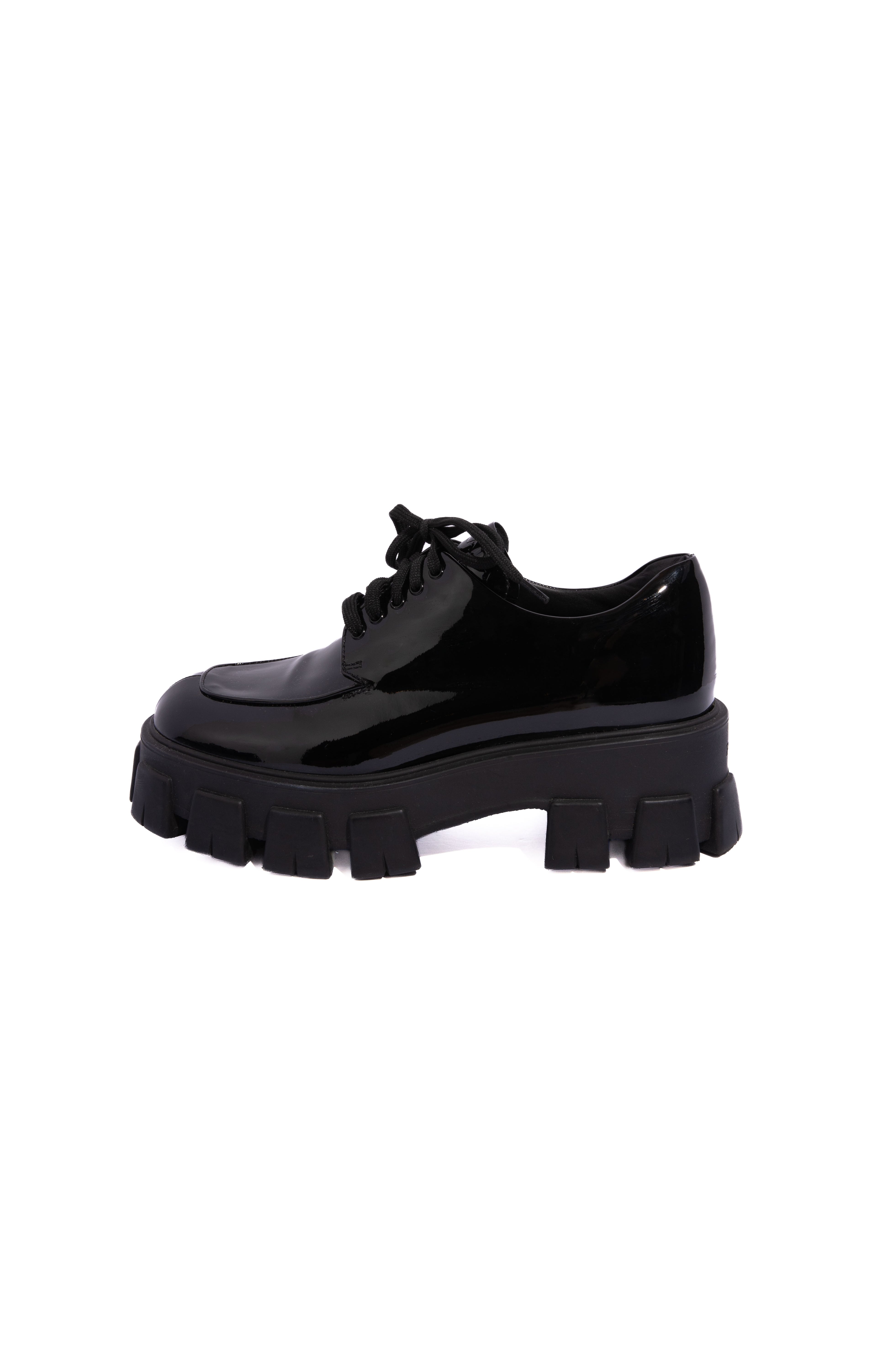 PRADA Black Patent Leather Monolith Lace Up Loafer | Sz 40