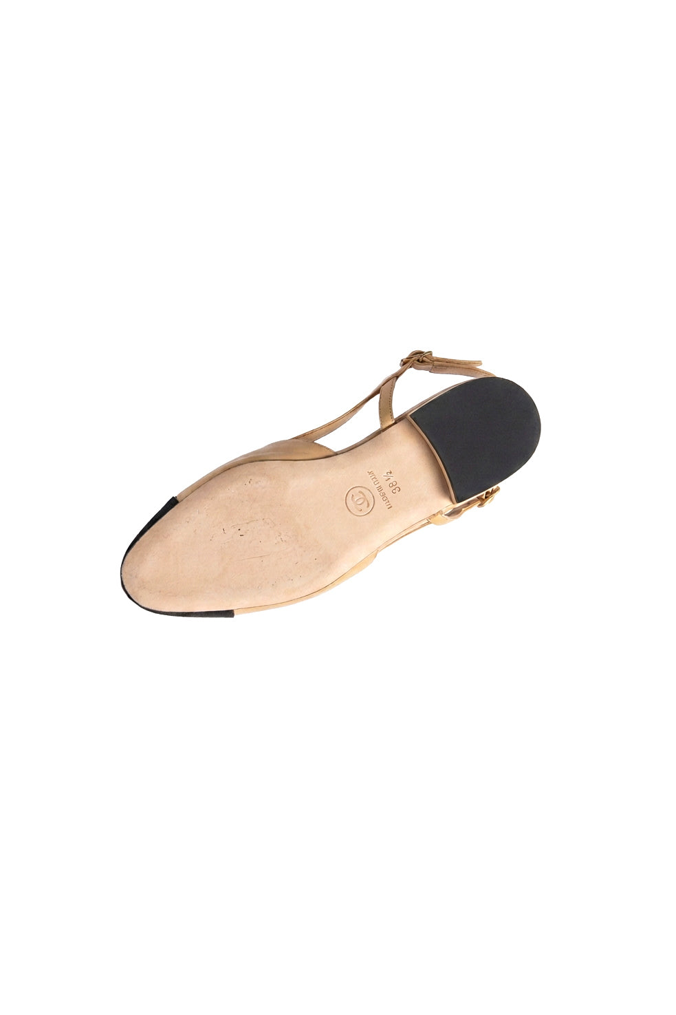 CHANEL Beige/Black Goatskin Grosgrain Cap Toe Slingbacks | Sz 38.5