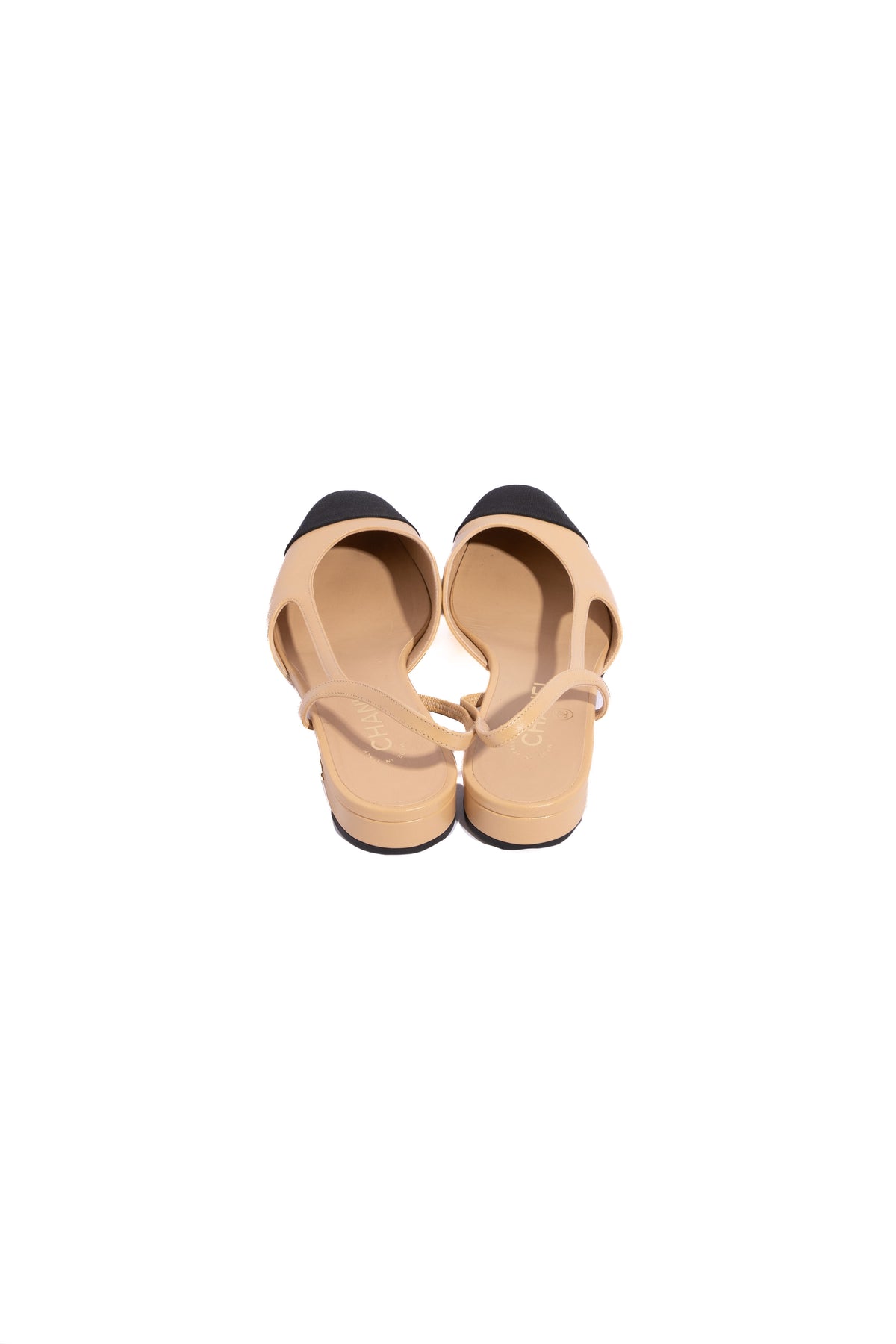 CHANEL Beige/Black Goatskin Grosgrain Cap Toe Slingbacks | Sz 38.5