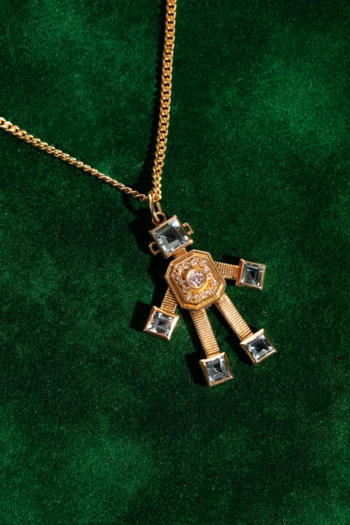 VAN 18k Aquamarine & Diamond Robot Necklace