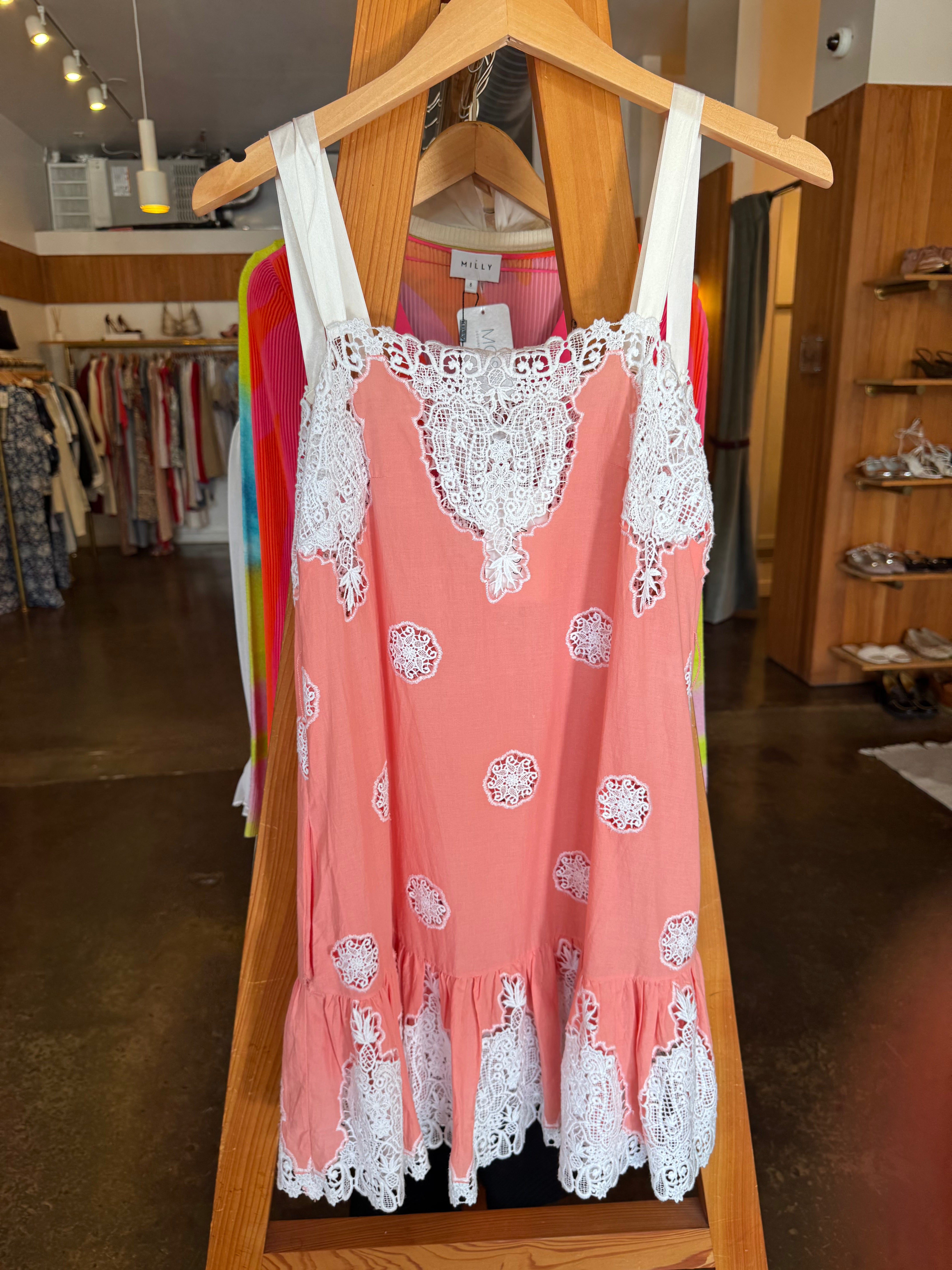 MIGUELINA Pink/White Eyelet Lace Mini Dress With Sash