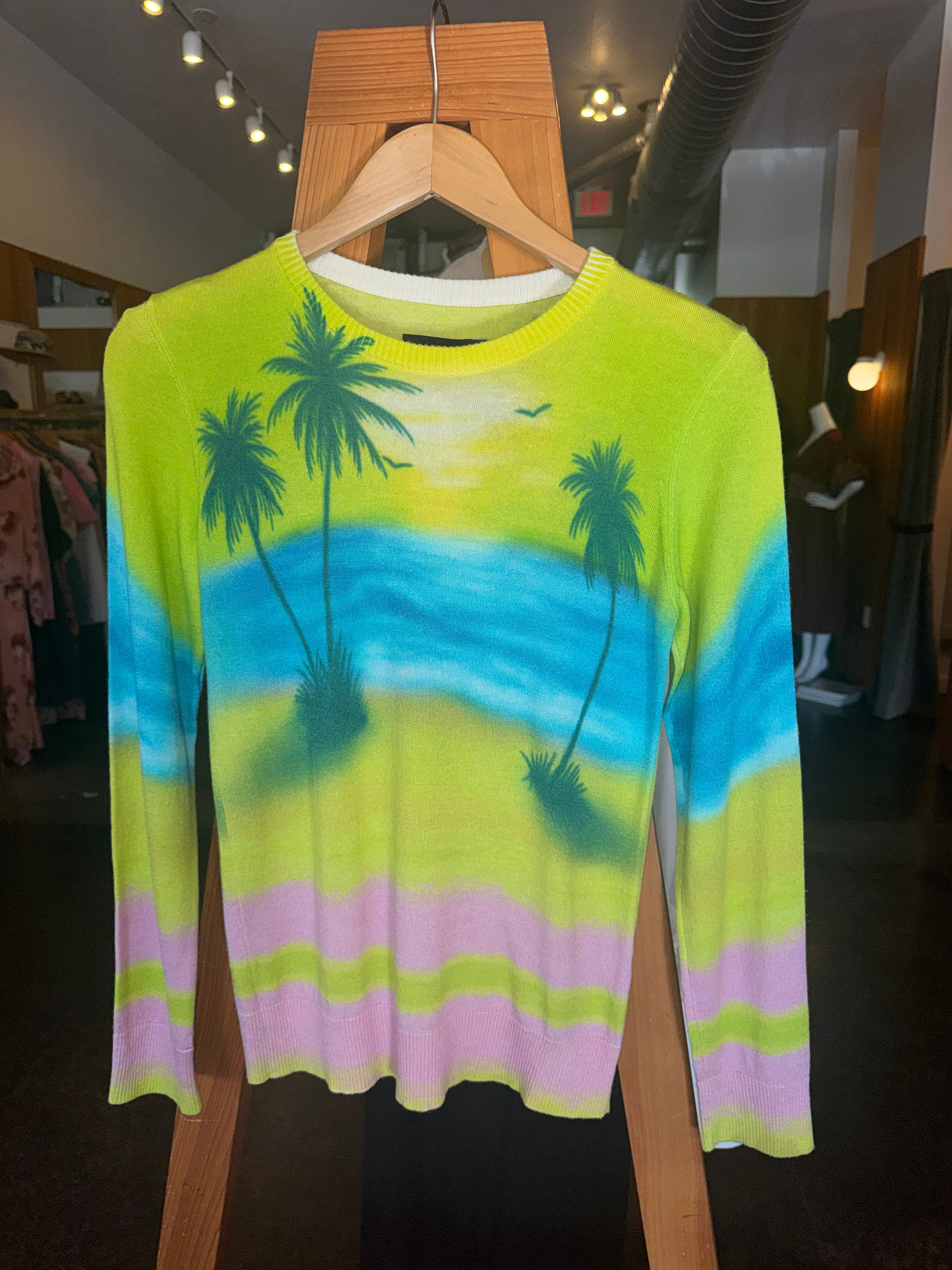 BRANDON MAXWELL Lime/Blue Palm Print Sweater
