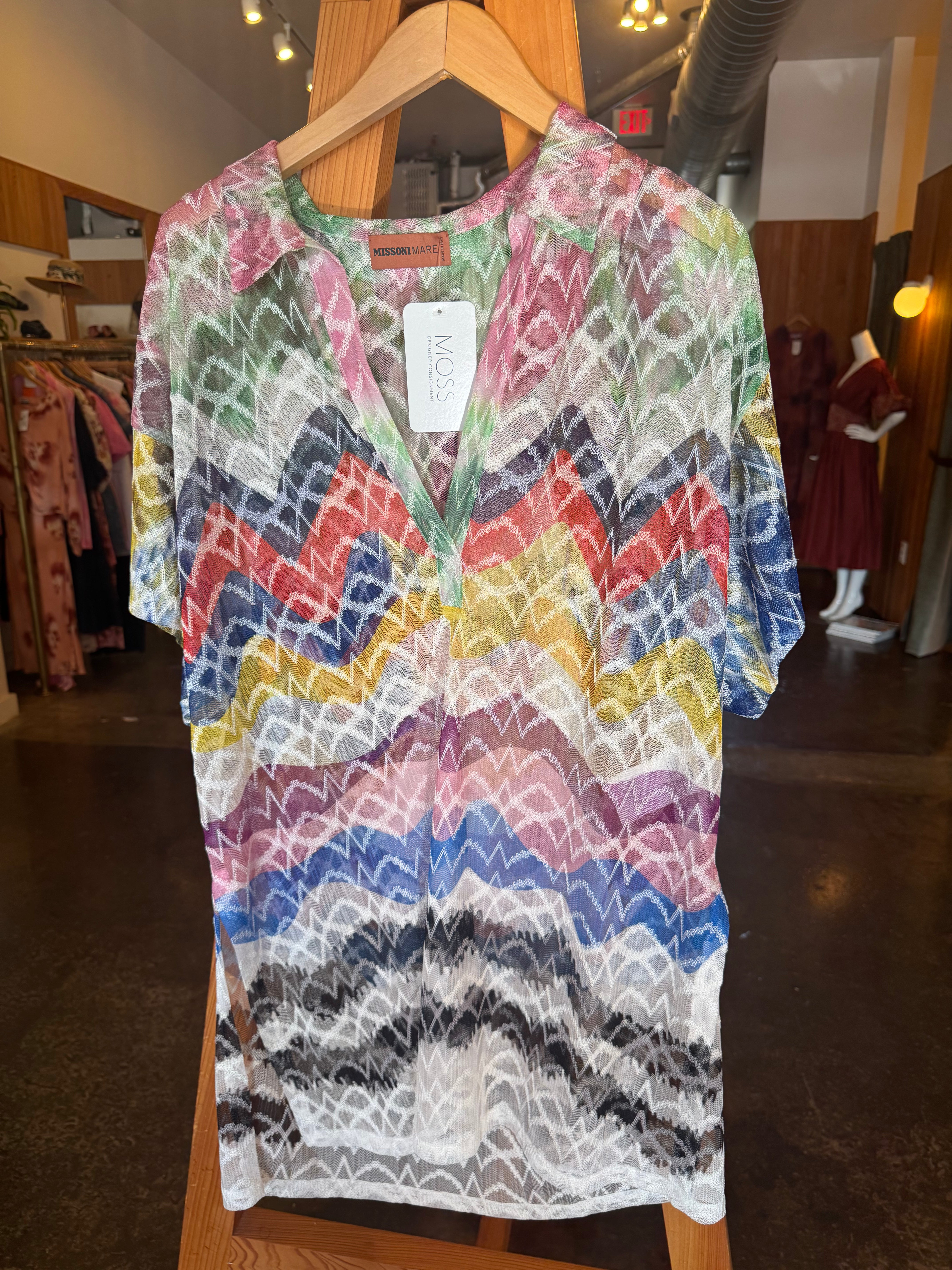 MISSONI MARE Multicolor Chevron Sheer Knit V Neck Dress