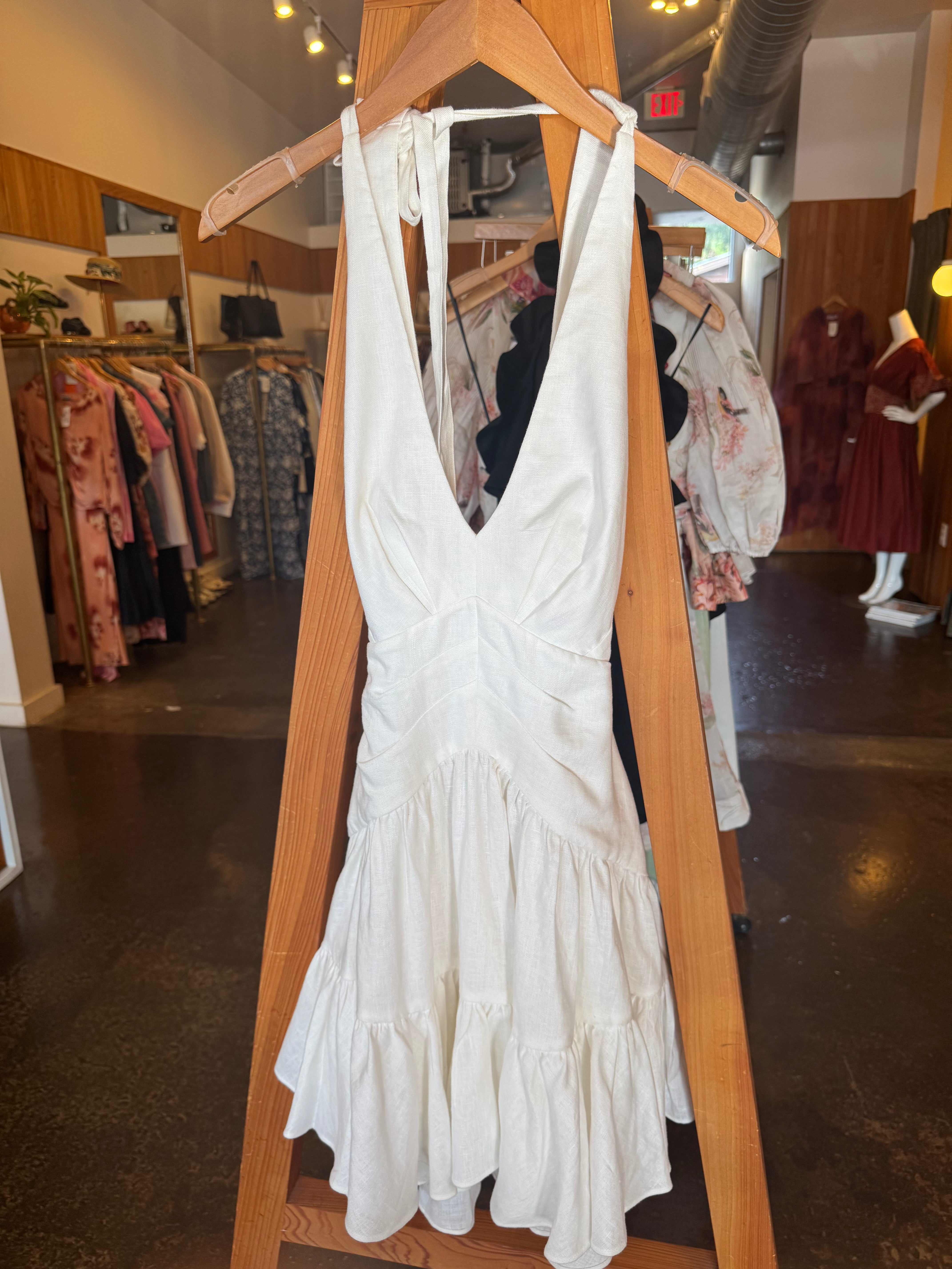 ZIMMERMANN White Halter Fitted Mini Linen Dress