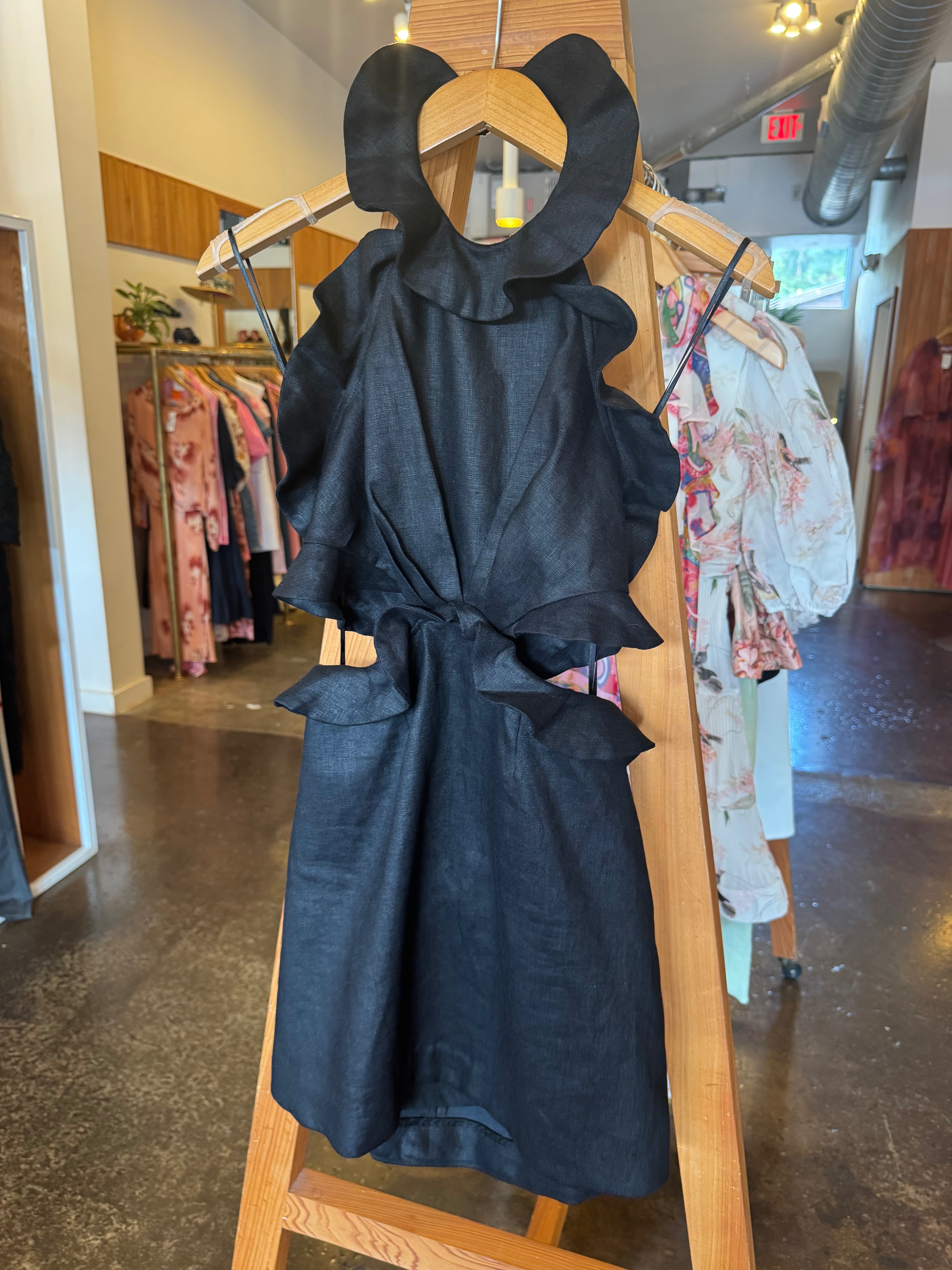 ZIMMERMANN Black Linen Ruffle Detail Open Back Mini Dress