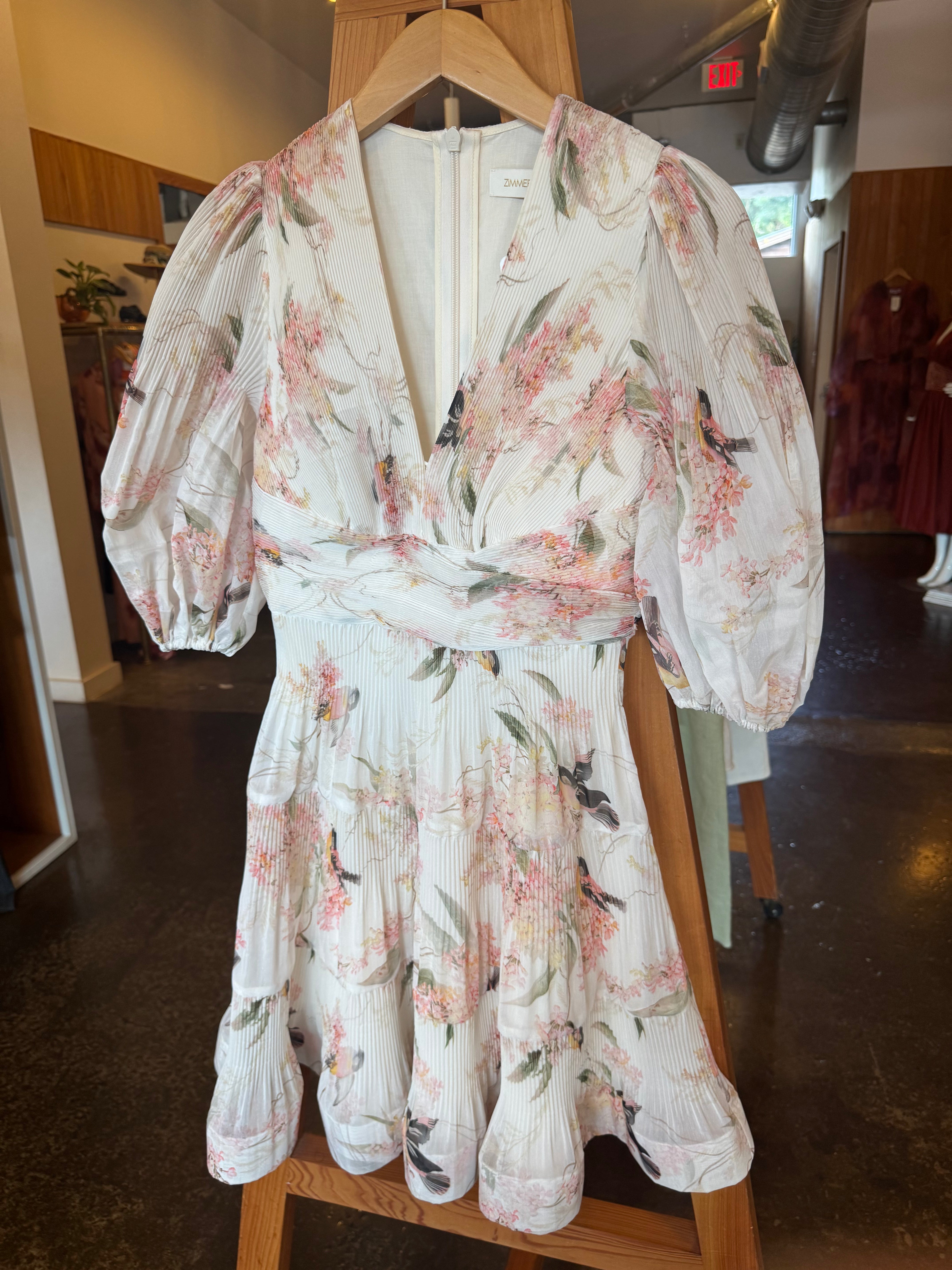 ZIMMERMANN Cream/Pink Bird Print Balloon LS Pleat Mini Dress