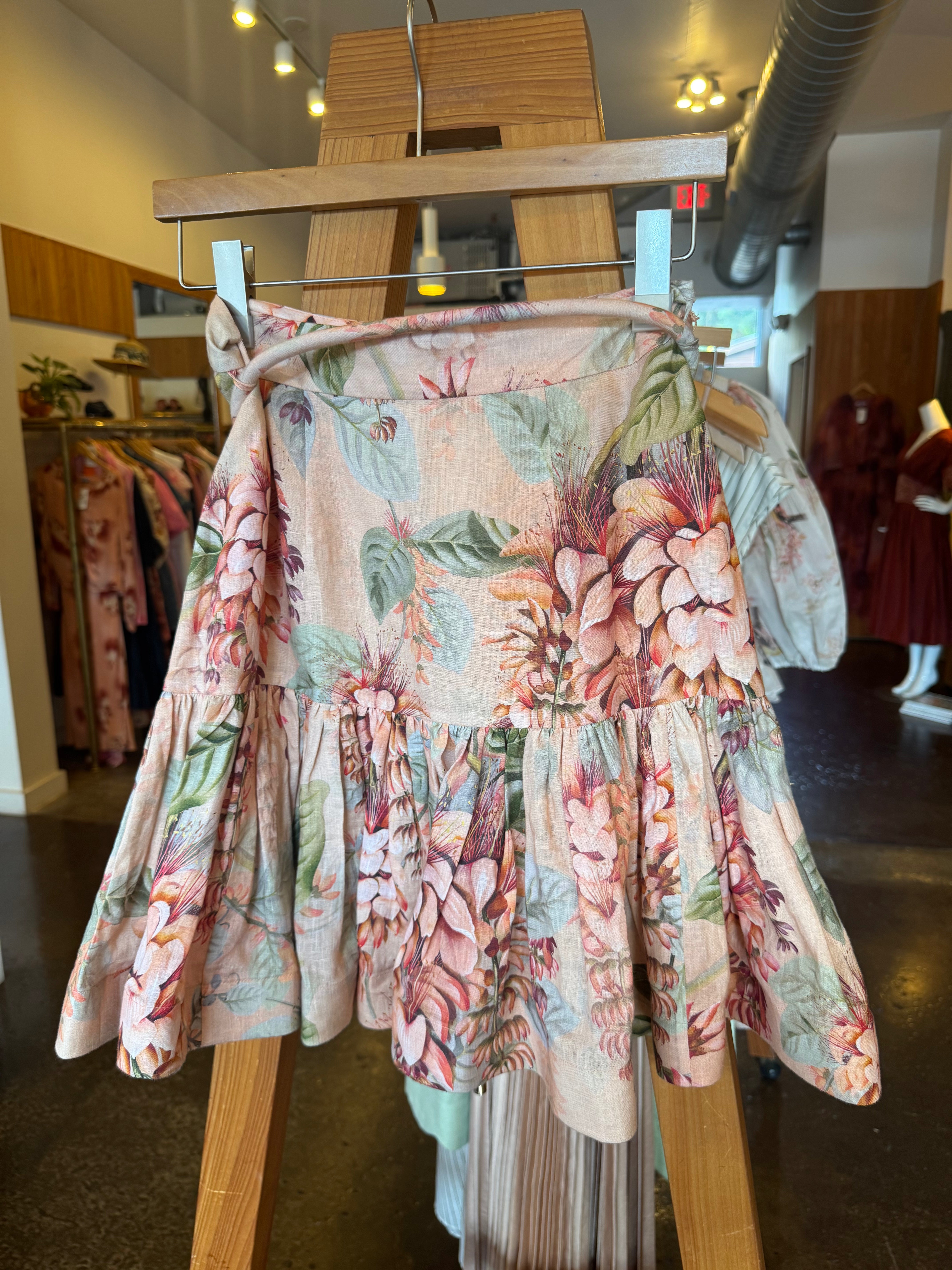 ZIMMERMANN Light Pink/Green Floral Linen Mini Skirt