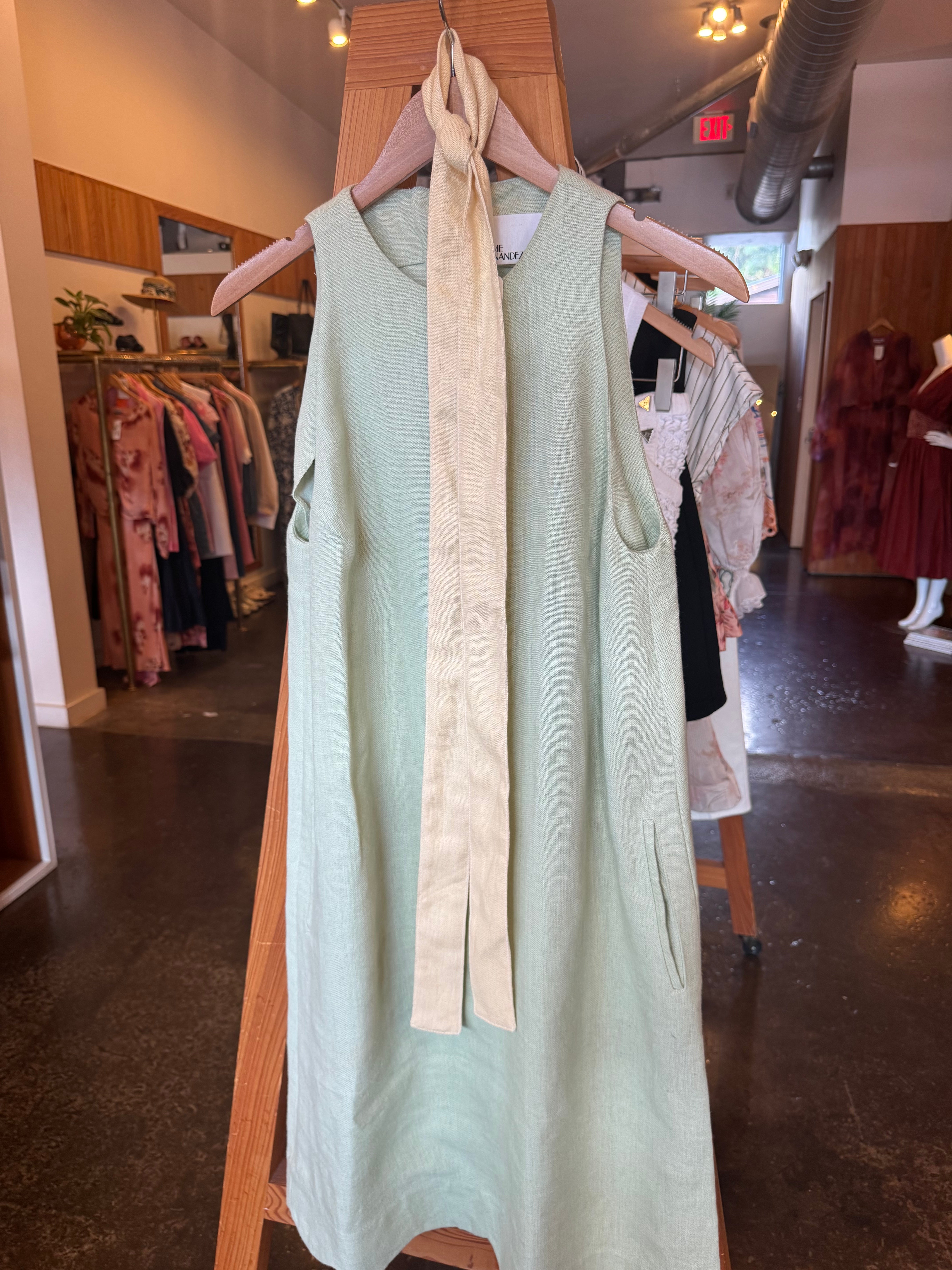 LISA MARIE FERNANDEZ Green Linen Midi Shift Dress With Sash