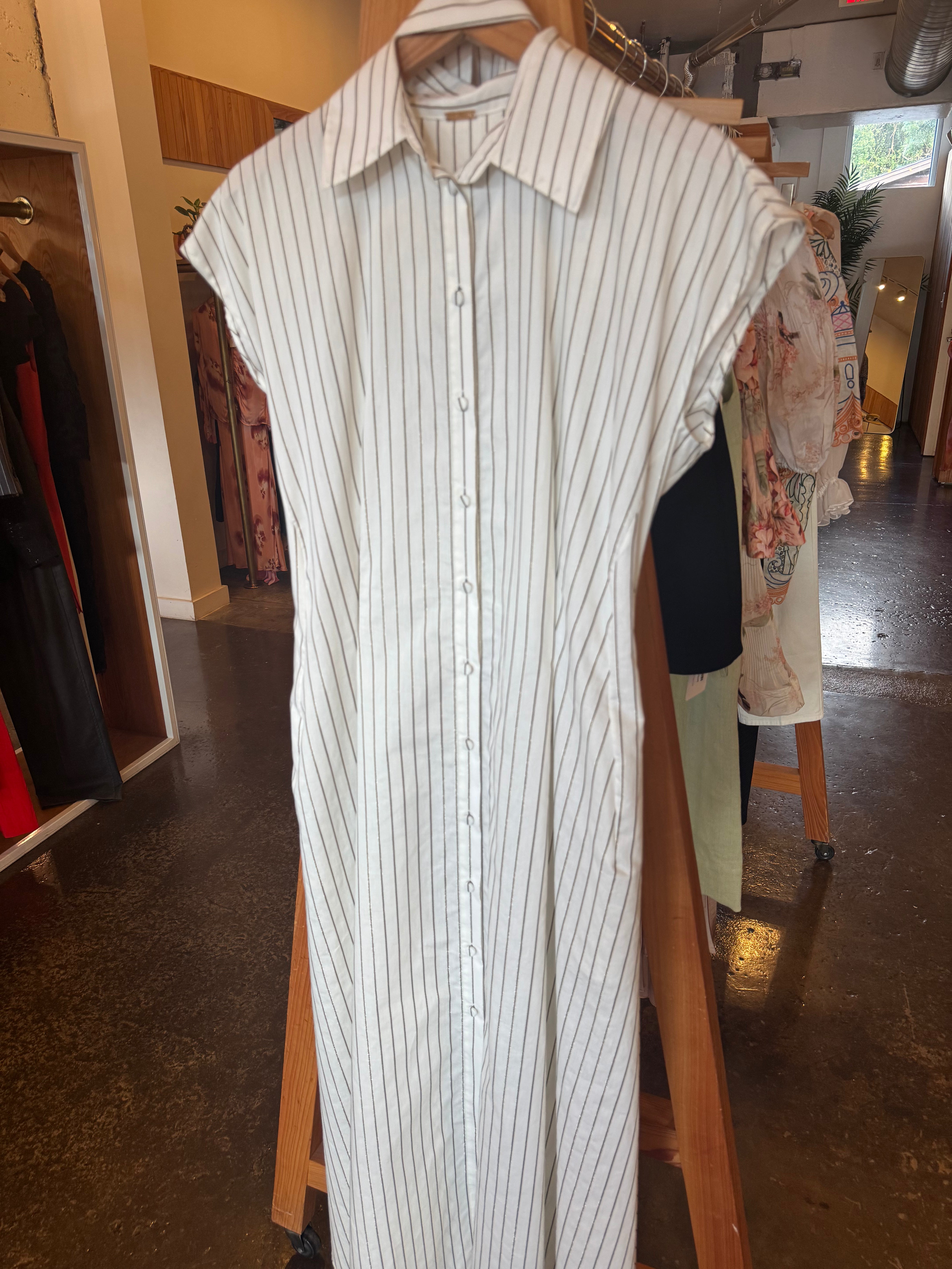 ADAM LIPPES White Metallic Pinstripe Cap Sleeve Maxi Shirt Dress