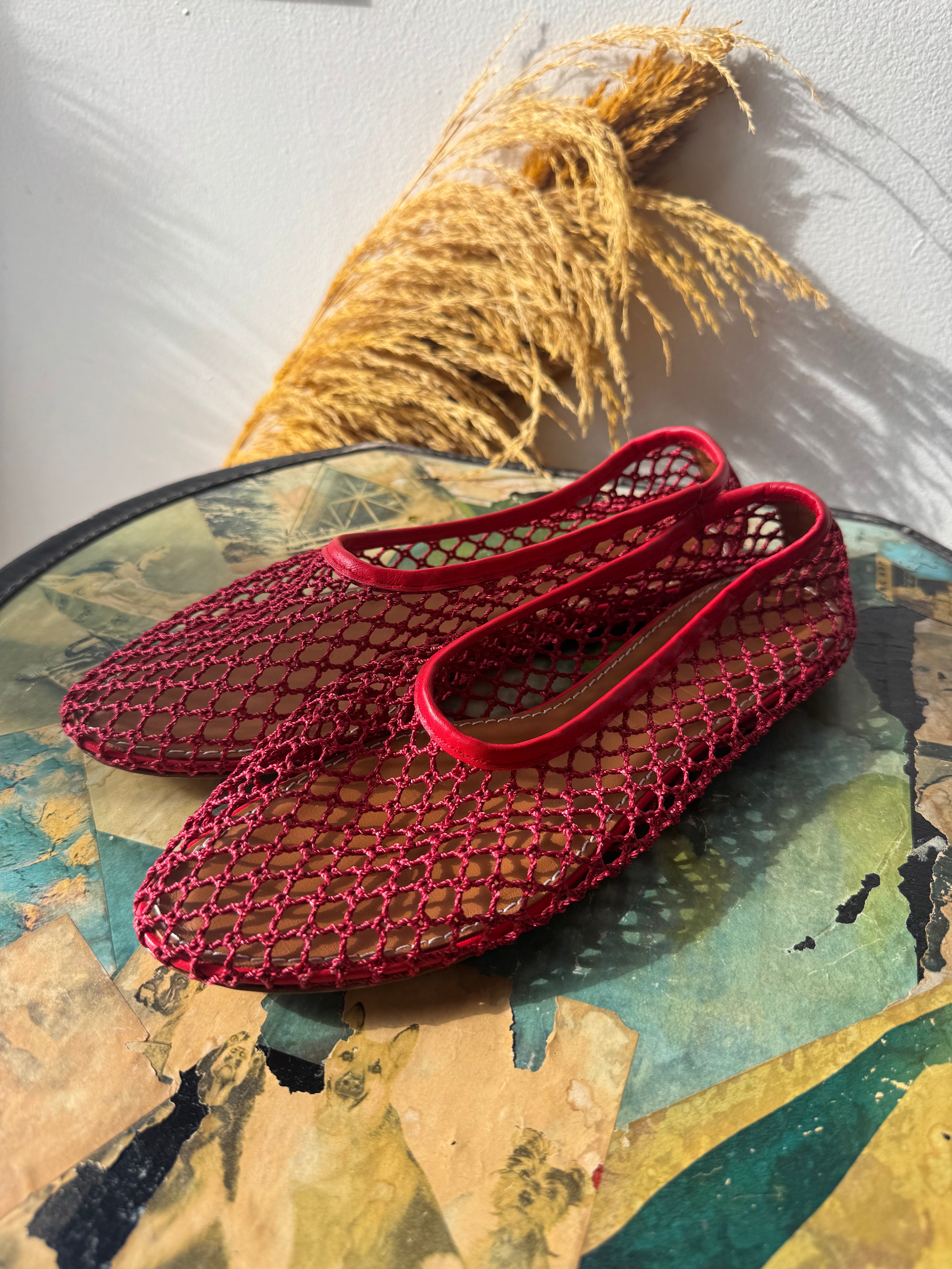 Staud Red Fishnet Woven Flats