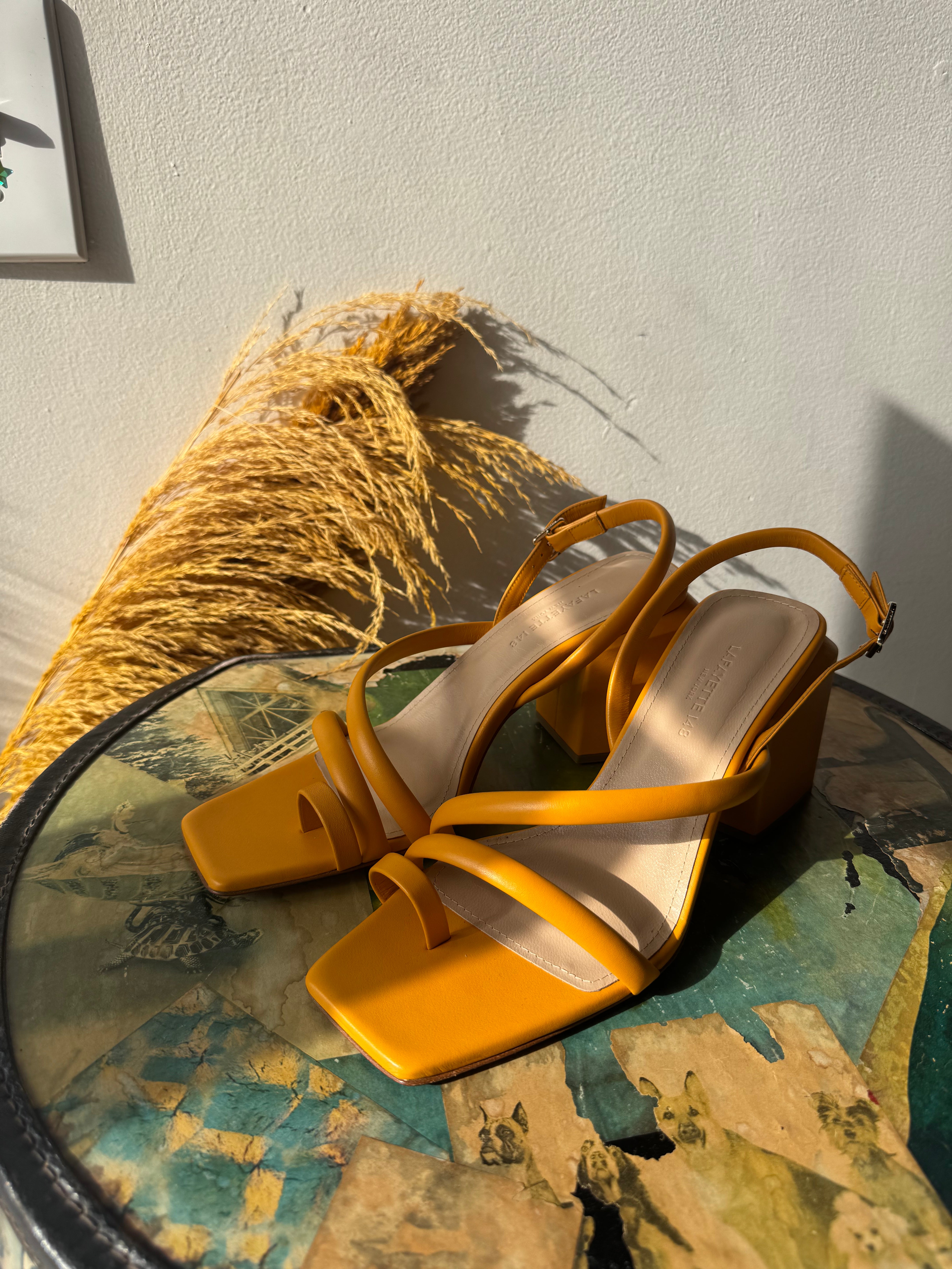LAFAYETTE 148 Orange Leather Block Heel Toe Hold Sandals