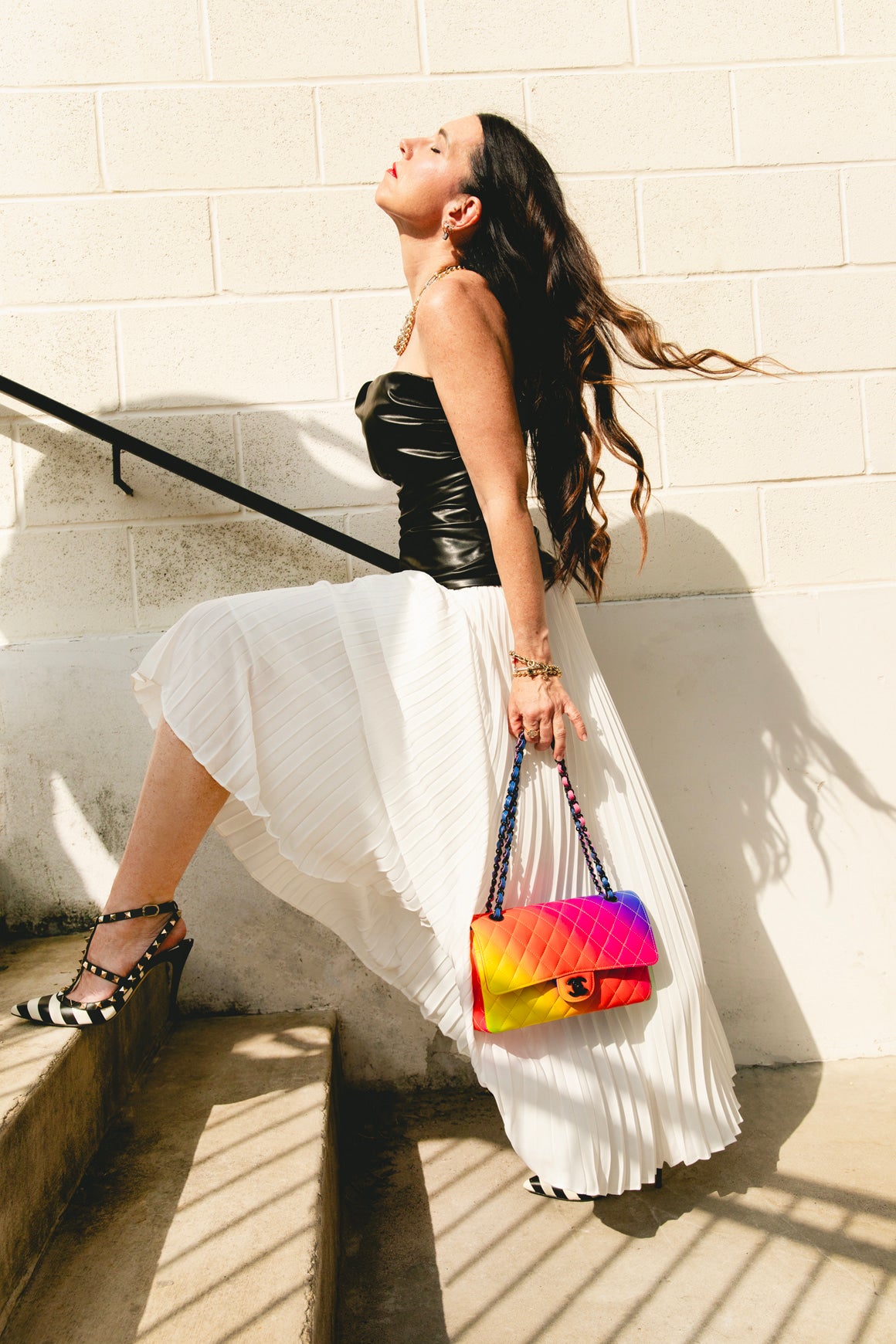 SIMKHAI Black Faux Leather & White Pleat Midi Dress (Sz. 4)