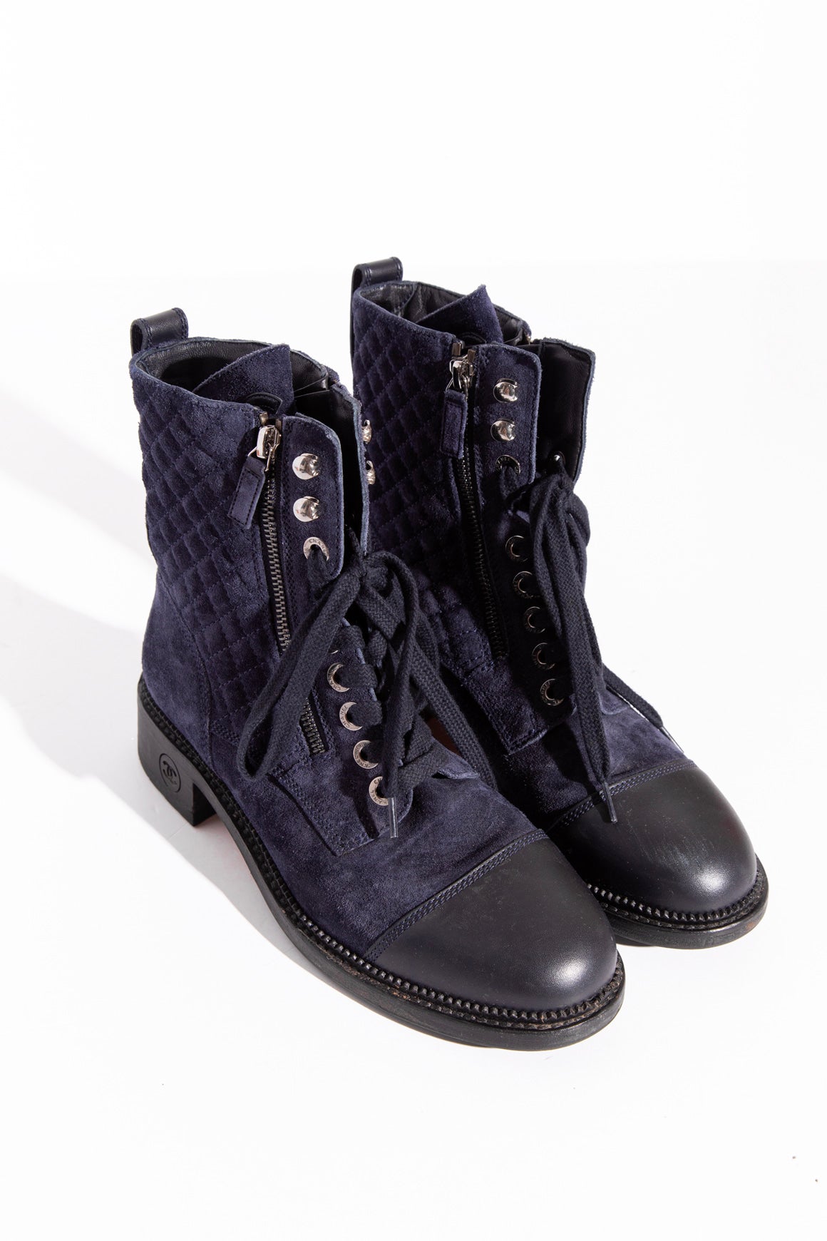CHANEL Navy Suede Lace-Up Boots (Sz. 39.5)