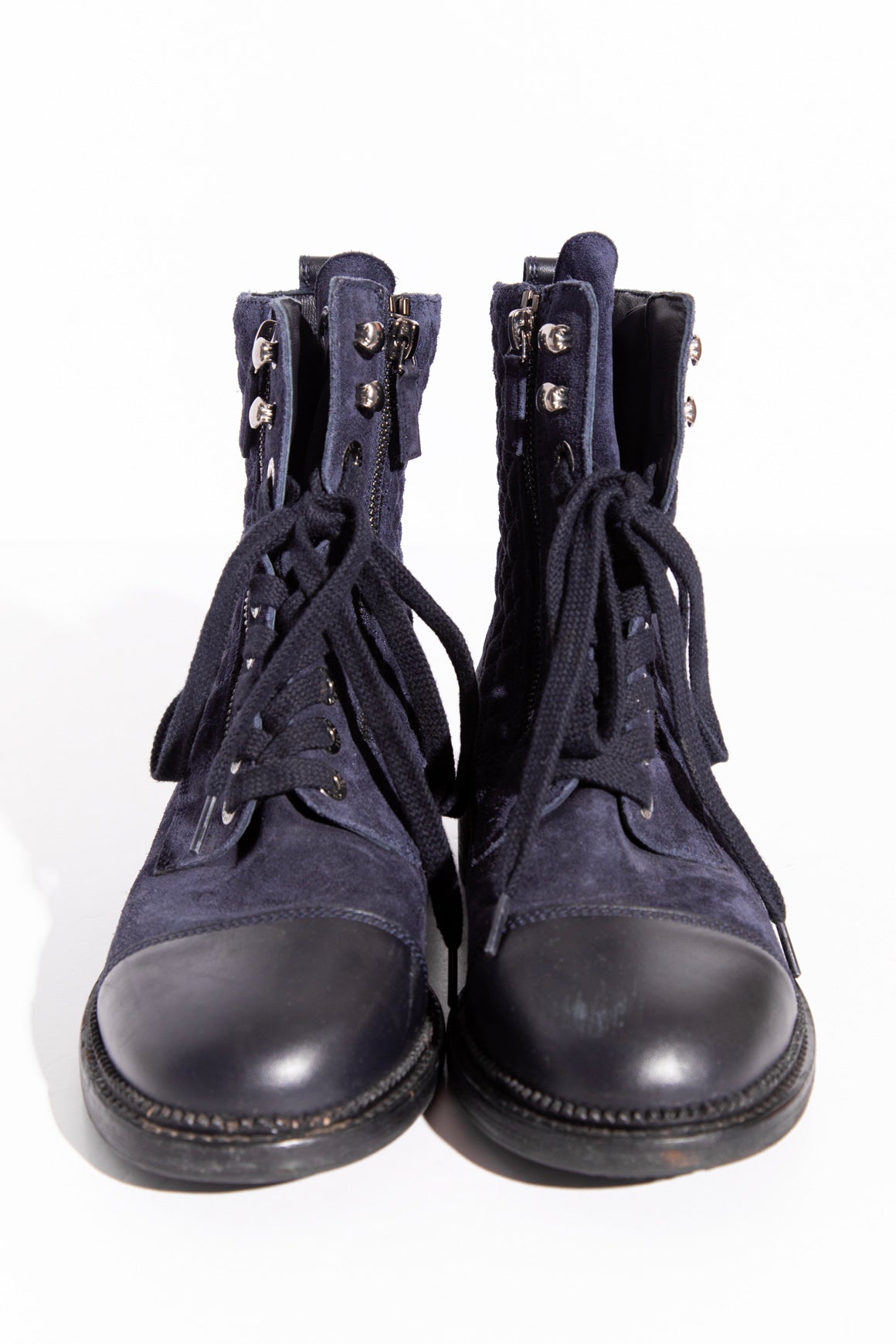 CHANEL Navy Suede Lace-Up Boots (Sz. 39.5)