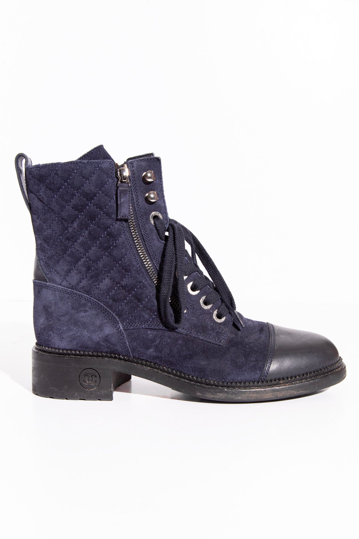 CHANEL Navy Suede Lace-Up Boots (Sz. 39.5)