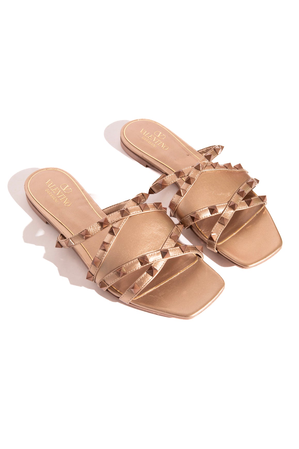 VALENTINO Champagne Metallic Rockstud Slide Sandals (Sz. 37)