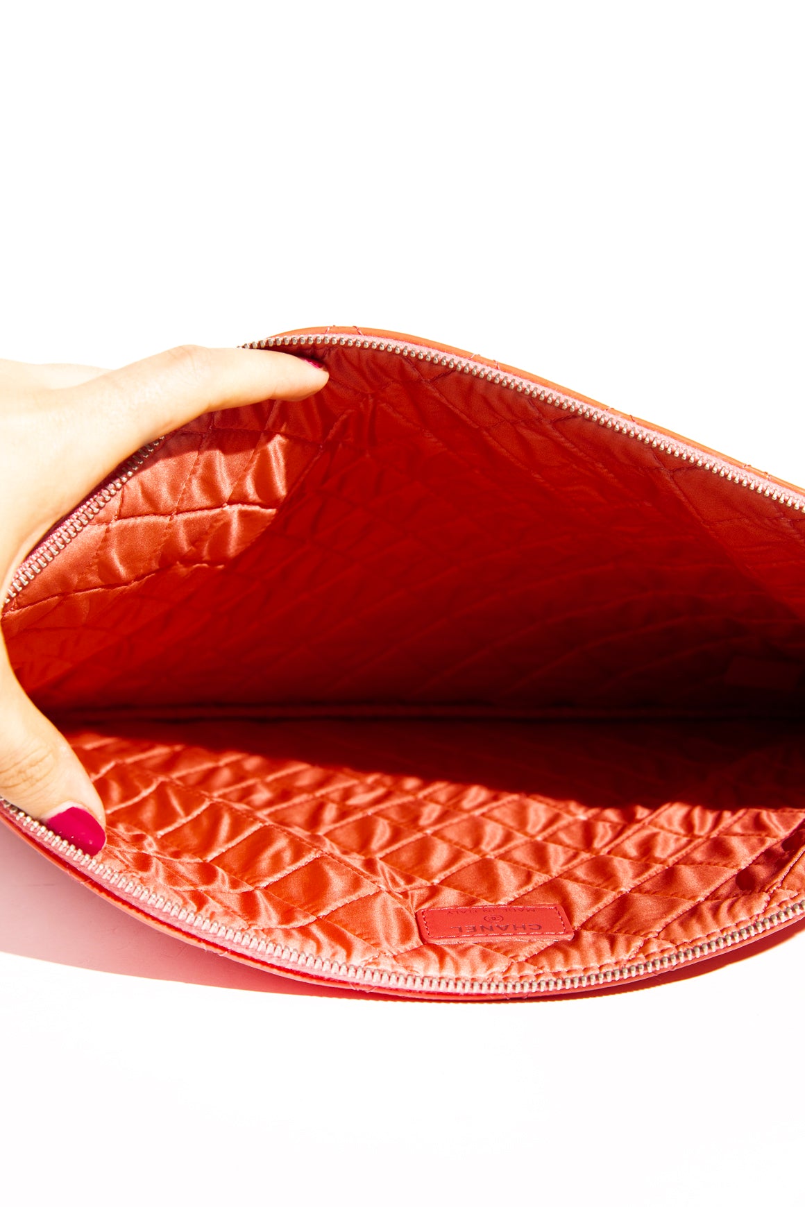 CHANEL Coral Patent Quilted O Clutch