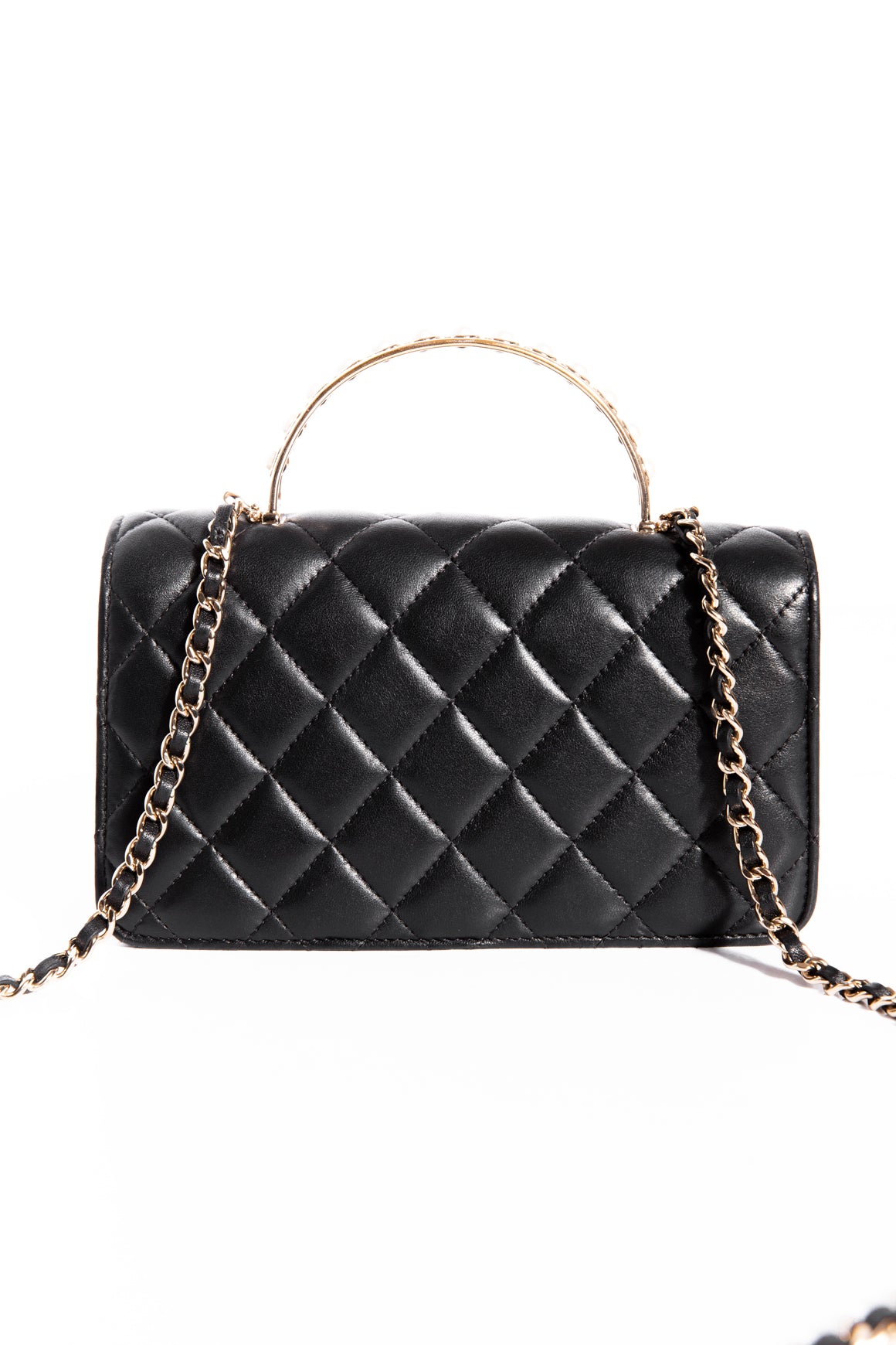 CHANEL Black Quilted Pearl Top Handle Wallet-on-Chain