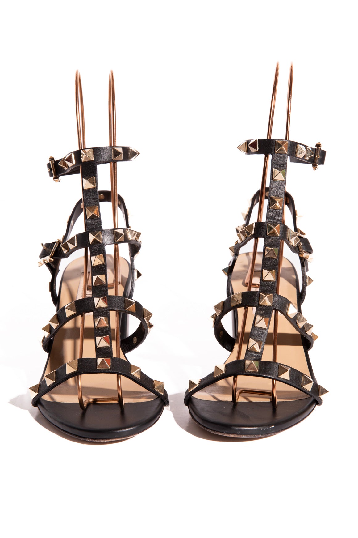 VALENTINO Black Rockstud Caged Block Heel Sandals (Sz. 35)