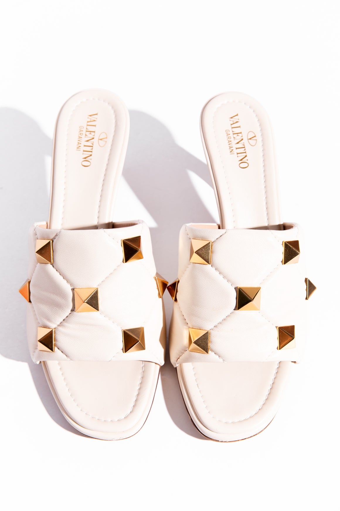 VALENTINO Cream "Roman Stud" Quilted Leather Mules (Sz. 40)