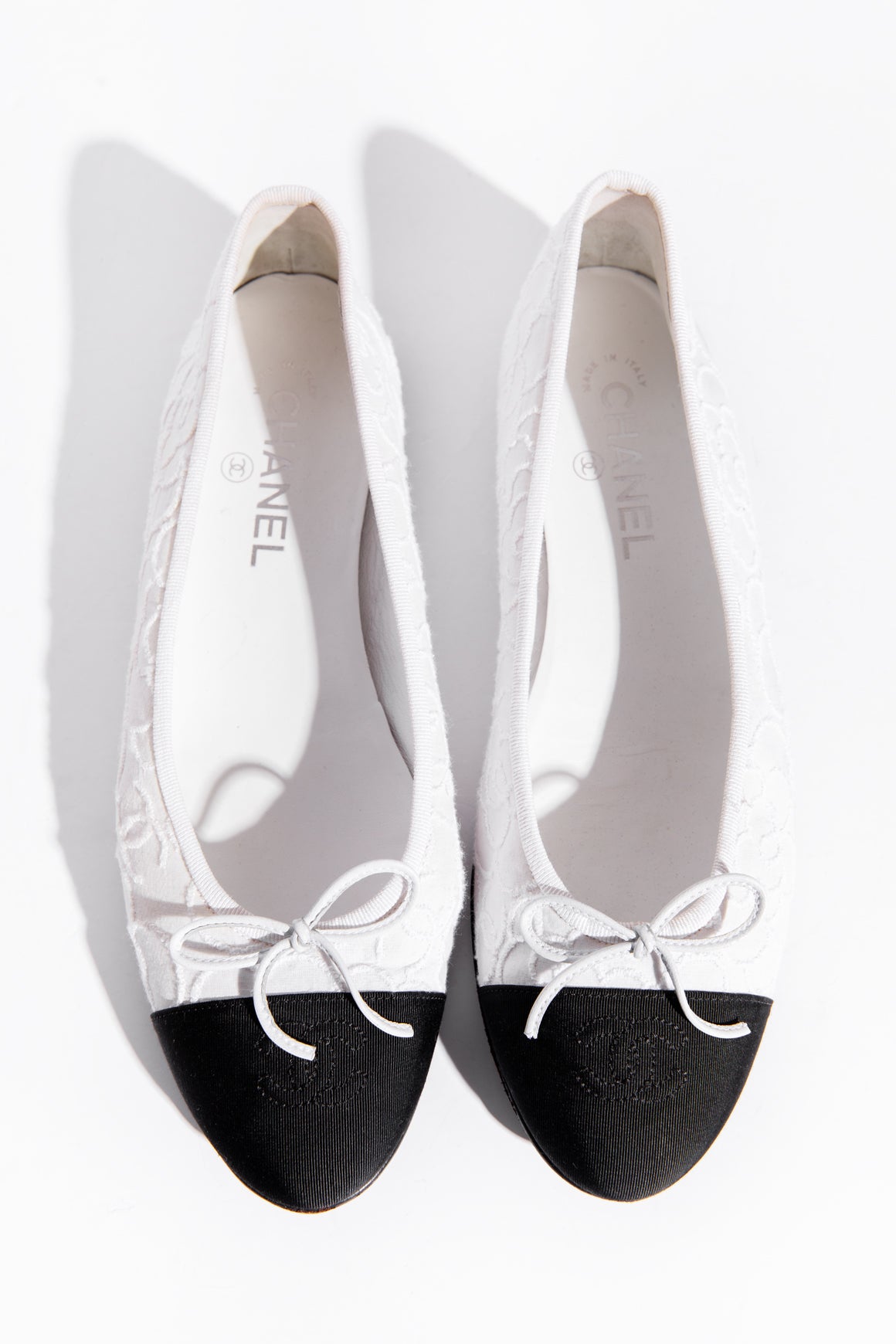 CHANEL Black & White Fabric Camellia Ballerina Flats (Sz. 40)