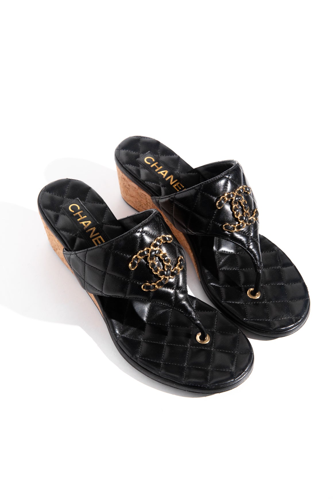 CHANEL Black Goatskin Cork CC Wedge Sandals (Sz. 38)