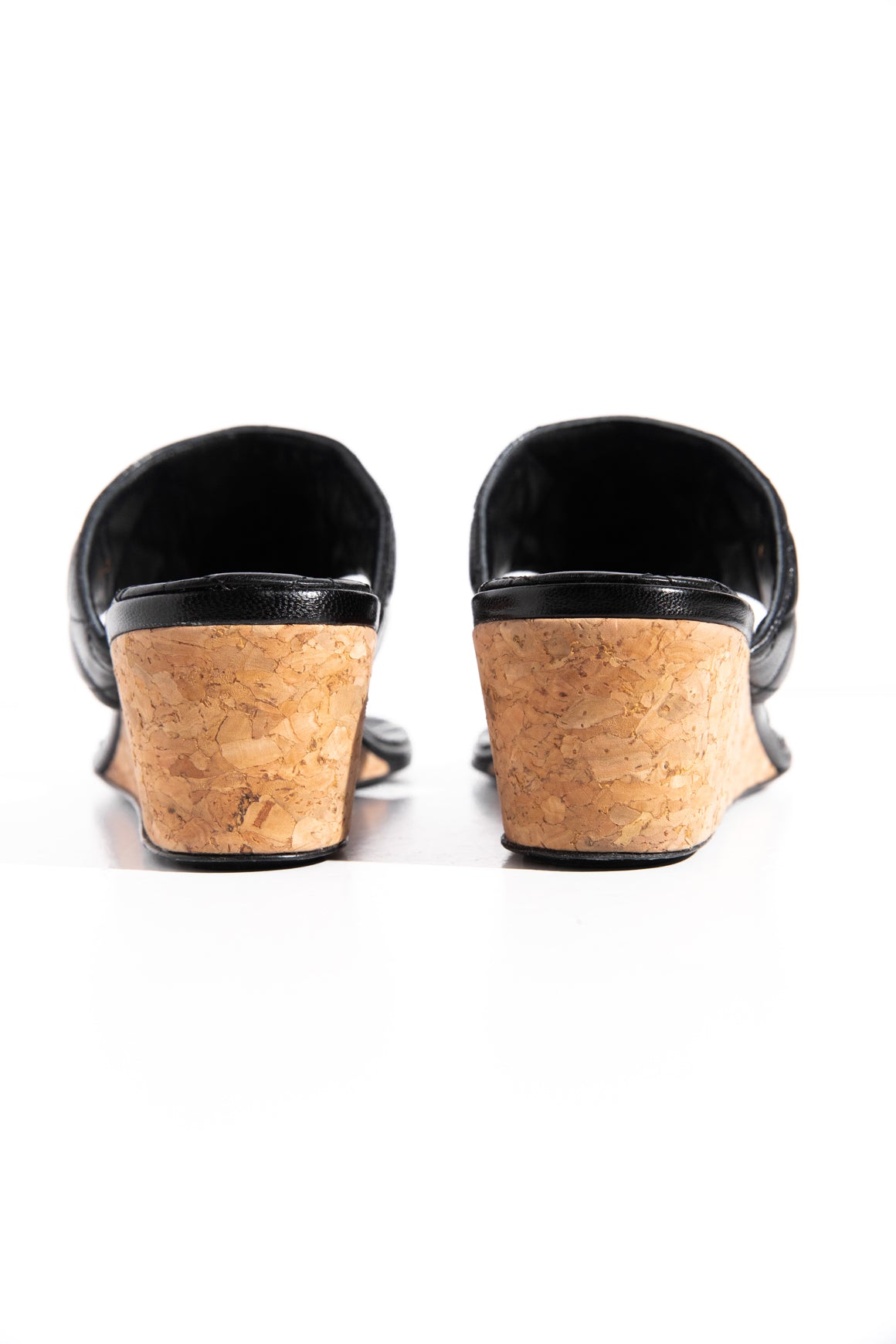 CHANEL Black Goatskin Cork CC Wedge Sandals (Sz. 38)