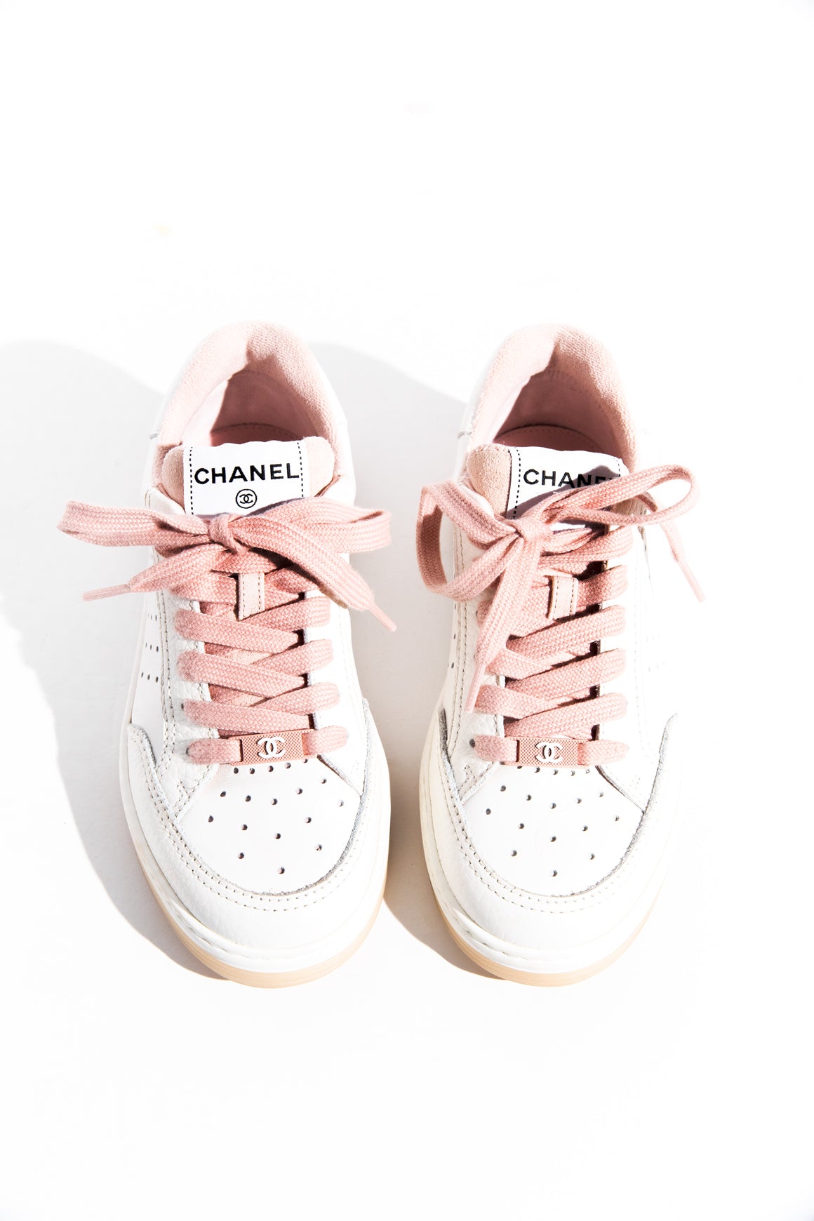 CHANEL White Leather Pink Laces Sneakers (Sz. 36 1/2)