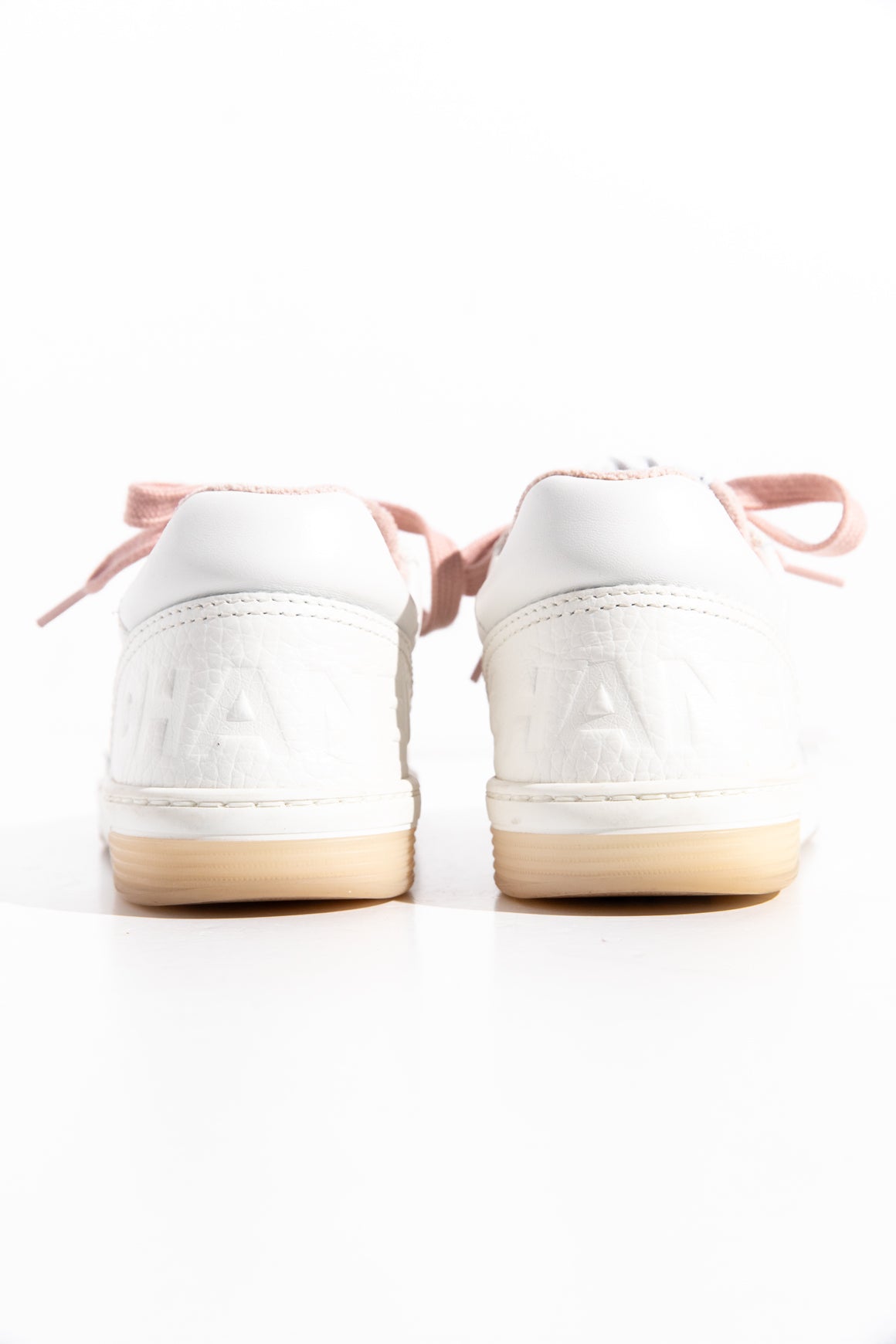CHANEL White Leather Pink Laces Sneakers (Sz. 36 1/2)