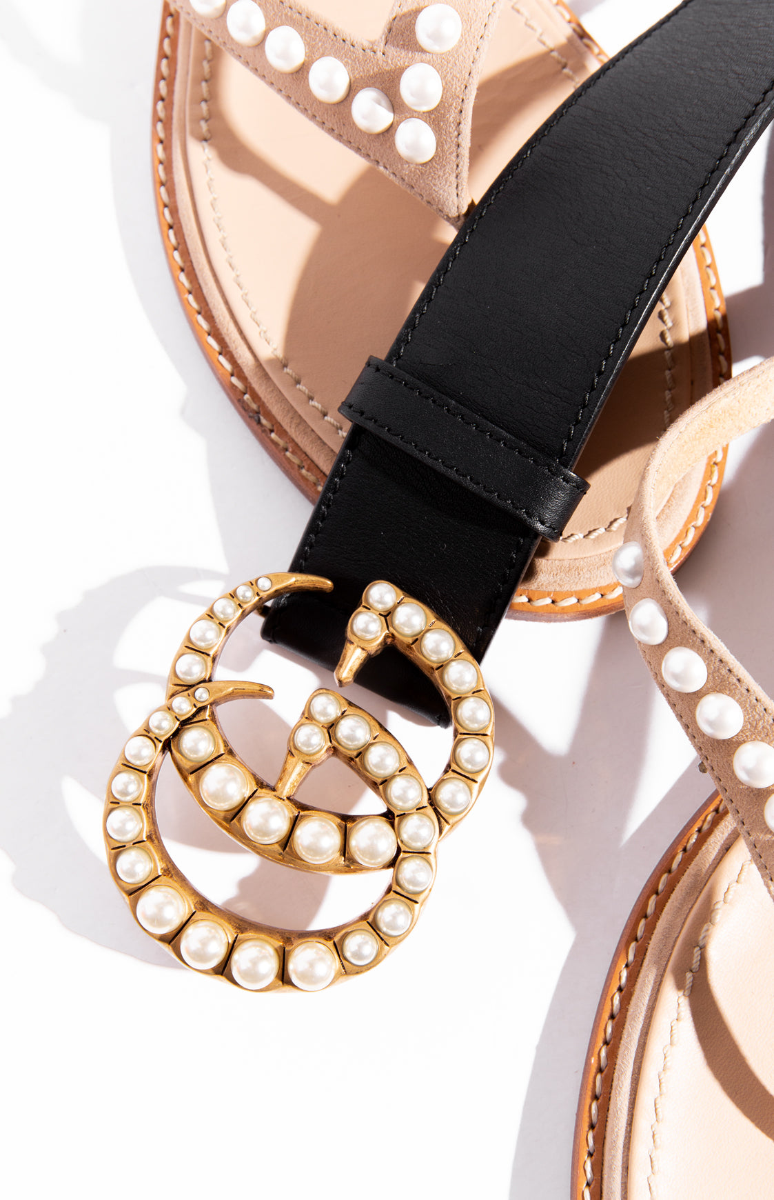 GUCCI Black GG Marmont Wide Belt w/ Pearls