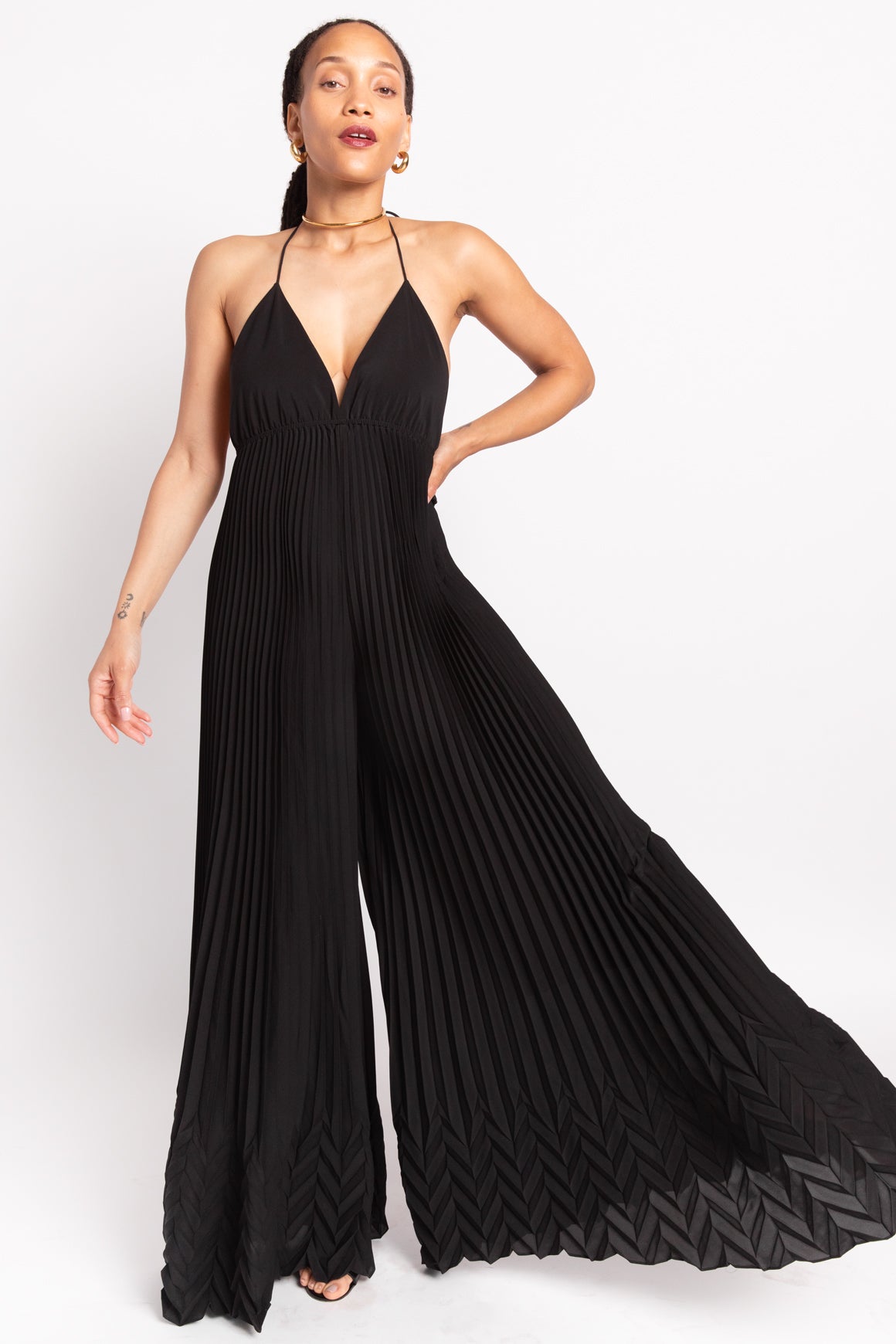 ALICE + OLIVIA Black "Adalyn" Pleated Halter Jumpsuit