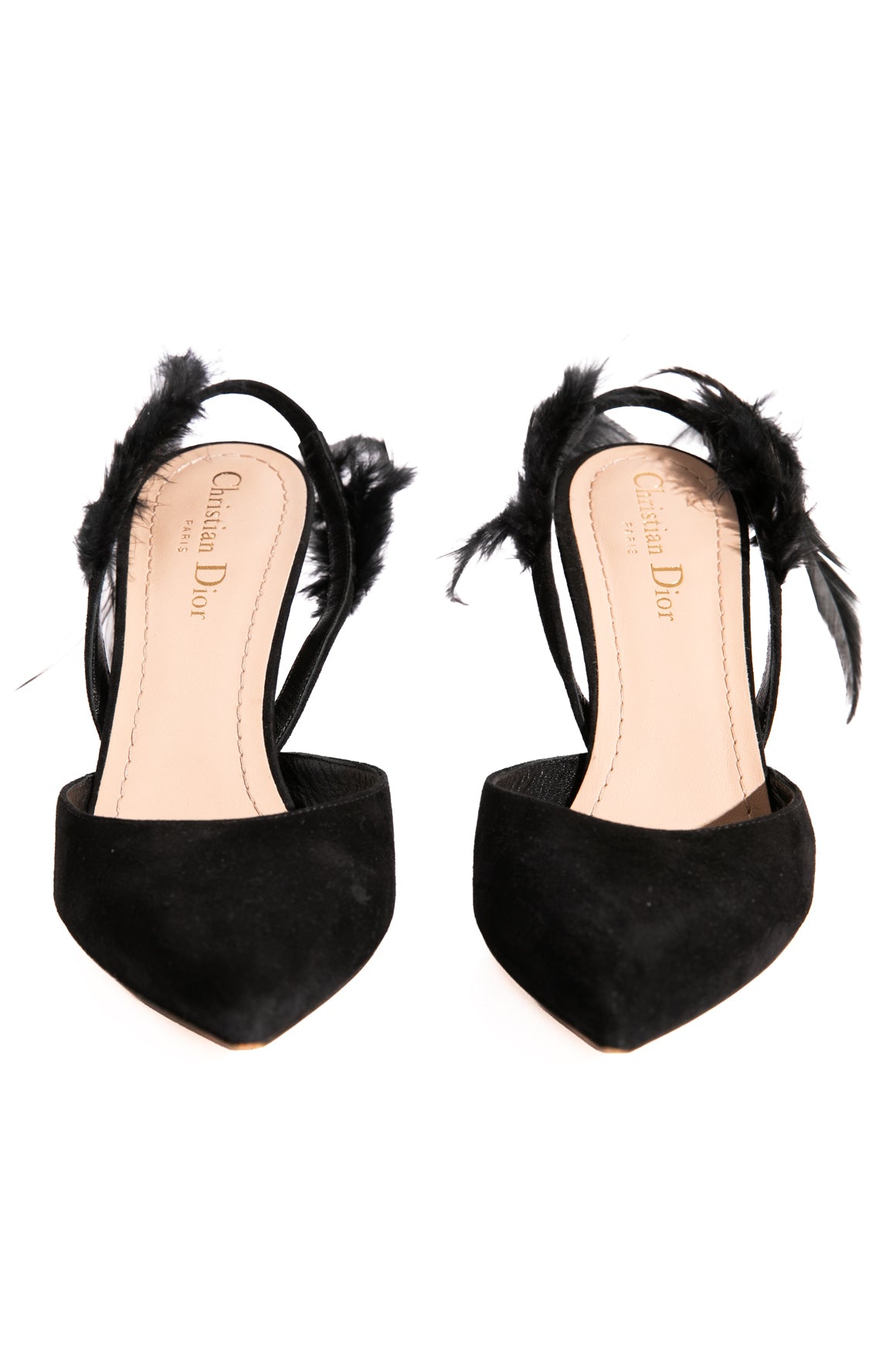 CHRISTIAN DIOR Black Suede Feather Slingbacks (Sz. 38)